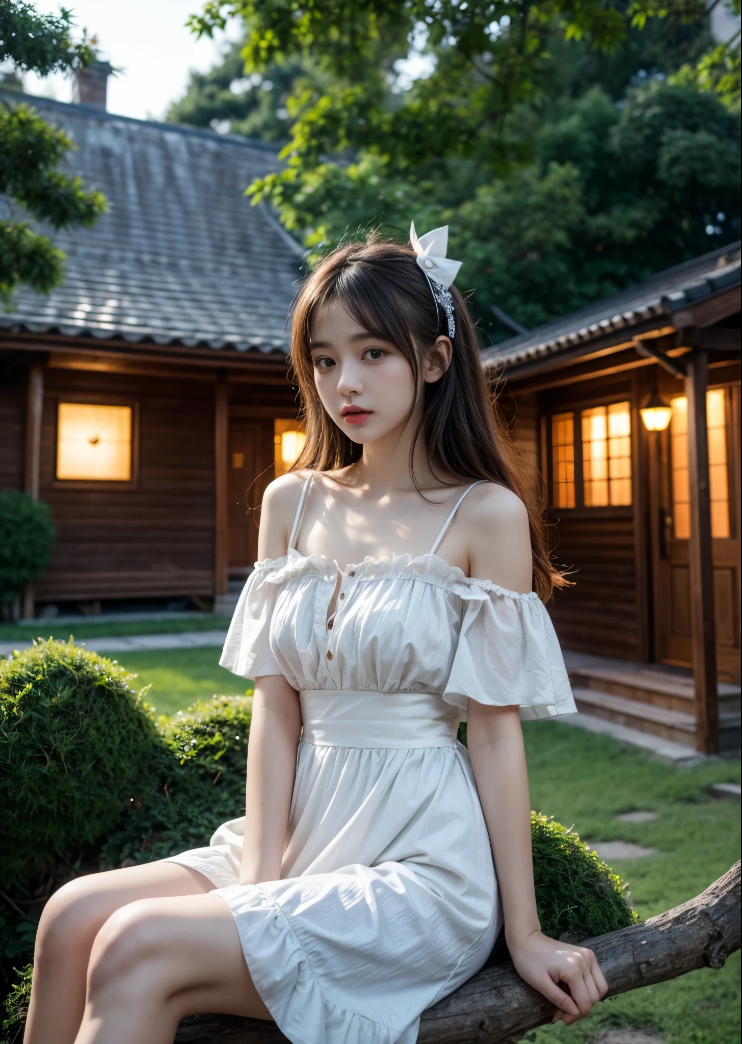 8K, Raw photo, Photorealistic, Realistic, (Detailed skin, Best Quality:1.2), (Japanese college girl standing in deck of luxury liner), ((wearing white summer dress over naked, off shoulder, long dress)), ((straight long hair:1.4, swept bangs)), (neat face, parted lips, looking away), (((small chest:1.3))), Fairer skin