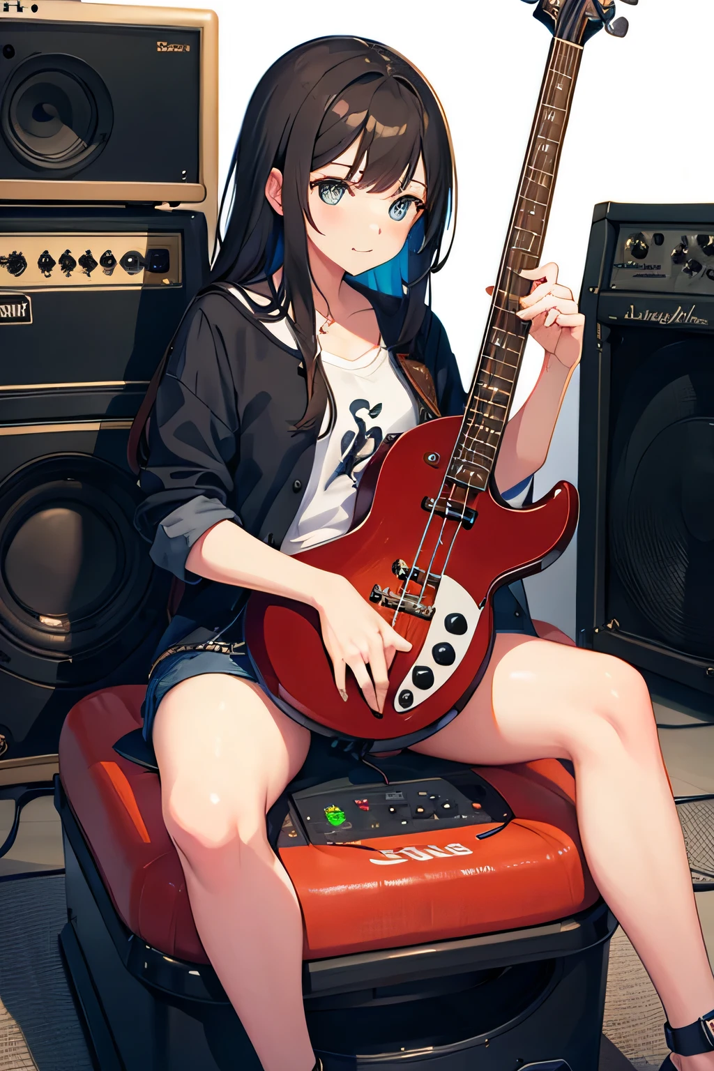 Girl sitting at bass amplifier
