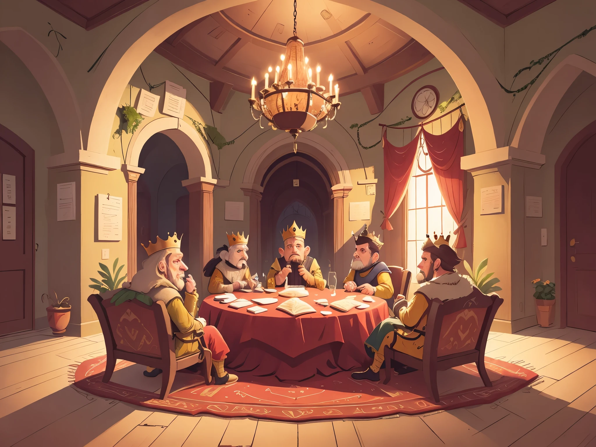 (A king wearing a crown is conversing with kings of other countries in the palace, sitting there. Inside the palace, the king, the magnificent palace:1.5),High definition, detailed, ultra detailed,Medieval Europe, medieval clothing, watercolor, medieval style,