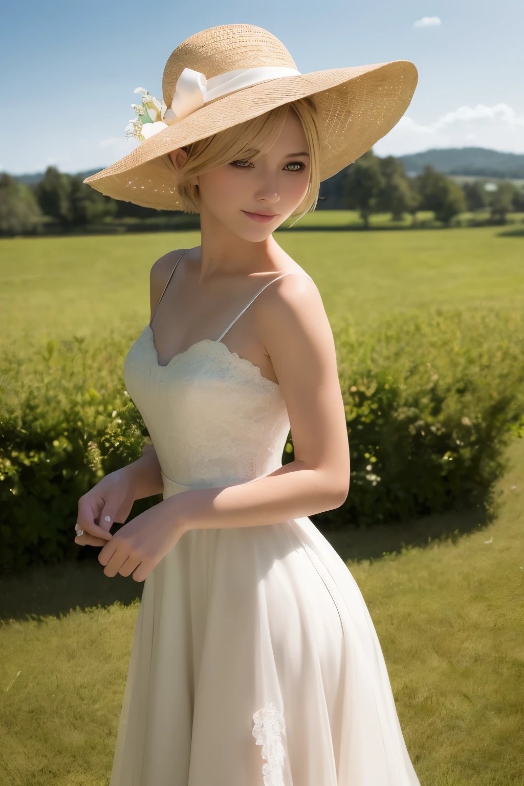 Incomparable masterpiece, perfect artwork, (young and beautiful 14-year-old girl), short blonde hair, wearing a formal dress, (large open field as backdrop), natural lighting, (full HD:1.4), ultra 4K resolution, (hyperrealistic:1.6), very detailed, wearing a summer hat, seductive smile, (realism:1.4), best quality, ultra-high definition.