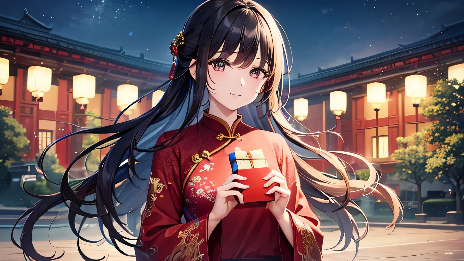 (masterpiece, top quality, best quality, official art, Beautiful and beautiful:1.2), (1 girl:1.3), (fractal art:1.3),Woman in red sweater holding red envelope with Chinese writing, a happy stills, she expressed joy, Wearing a red cheongsam, chinese woman, Still in the movie, still from live action movie, portrait shooting, holding a gift, full color still, Still in the movie, Shot with arri alexa mini lf, Chinese girl, Still inside