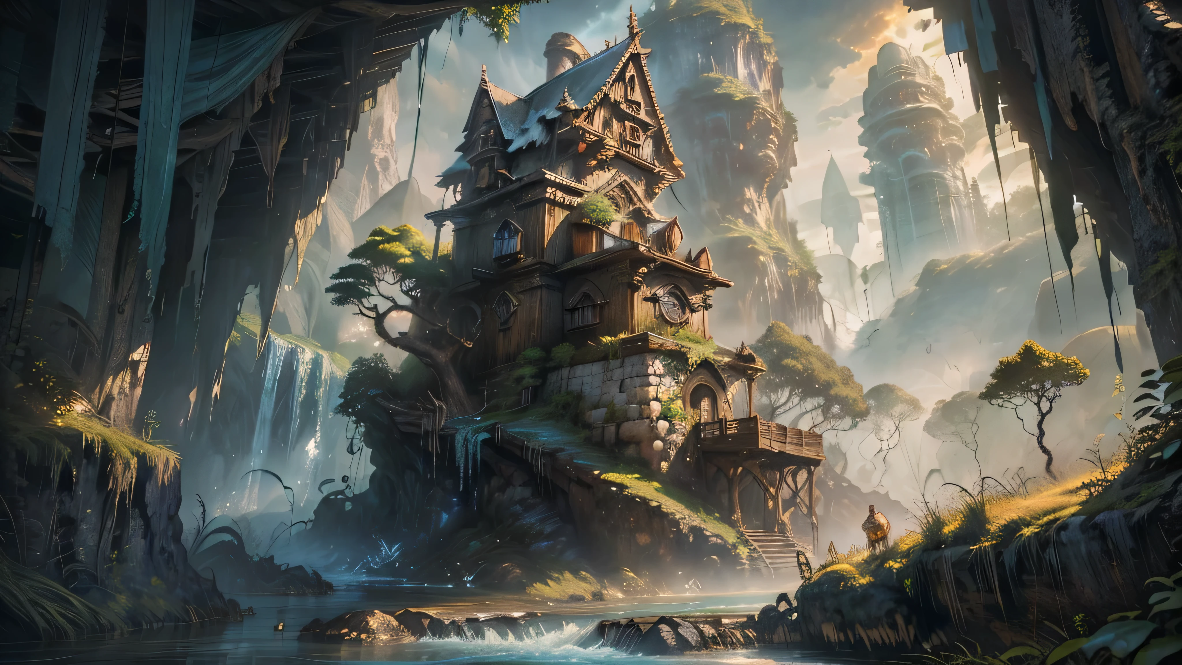 paisagem selvagem, cabanas de pesca, casas de madeira, Palmeiras, belas cachoeiras, wonderful river with choppy waters, grandes pedras no rio, giant trees, com troncos largos e enormes, sky with dense clouds, sol, Lua, Montanhas enormes, campo de profundidade, global illumination, hiper-realista, Efeito vidro quebrado, sem fundo, splendid, algo que nem existe, Being mythical, energia, molecular, Texturas, iridescente e luminescente, breathtaking beauty, pure perfection, Divine Presence, unforgettable, Impressionante, breathtaking beauty, volumetric light, auras, raios, cores vivas refletemlight, auras, raios, cores vivas refletem, aquarela, oil color, trends on artstation, sharp focus, studio photo, detalhes intrincados, altamente detalhado,, misterioso