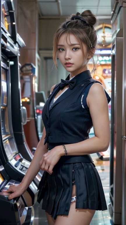 1 Japan woman、clerk、Transcendently beautiful、24-years-old、(((her short formal skirt:1.4)))is waving in the wind、(((Panties are visible:1.4)))、((Surprised and panicked:1.4))、((blonde hair, But my hairline is black:1.2))、((One bun hair:1.2))、((navy blue cloth vest:1.3))、((Short dark blue skirt:1.3))、(white long sleeve cutter shirt:1.2)、(Ribbon bow tie)、((draw from below))、(Corridor with slot machines on both sides in the background:1.45)、look at the camera、