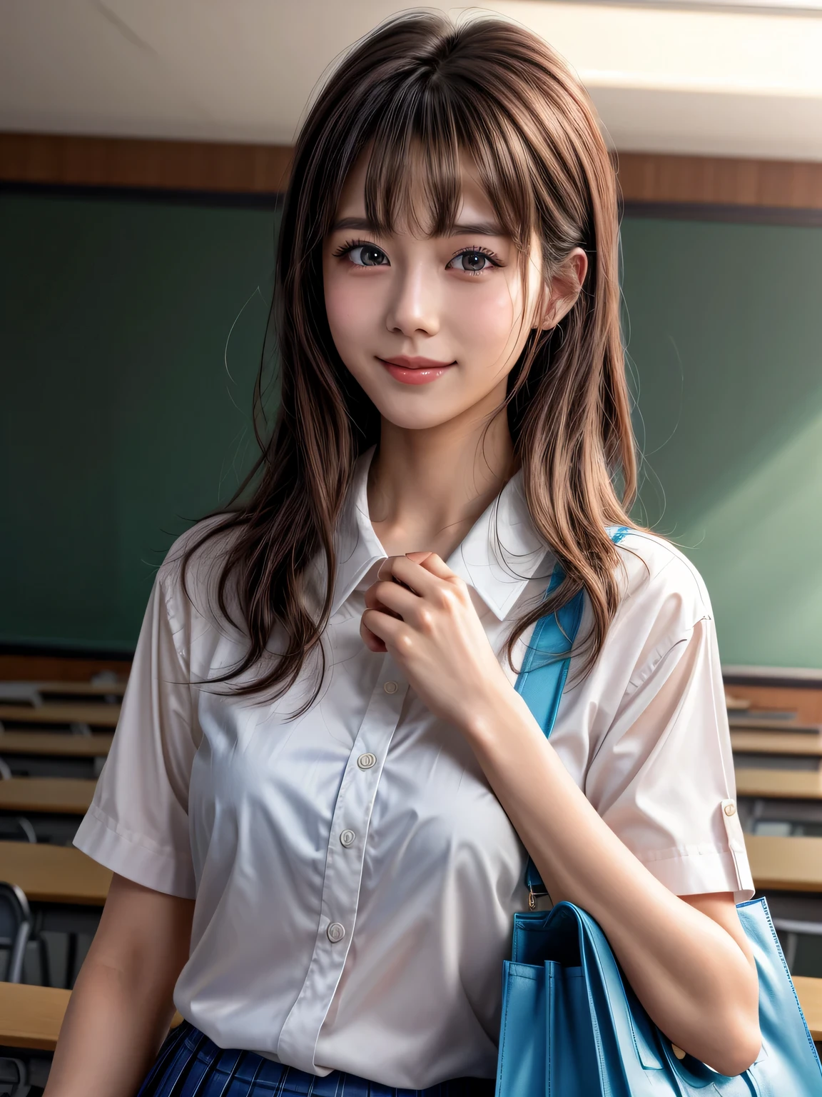 Masterpiece, upper body shot, front view, young pretty woman in Japan, 18 years old, standing smiling in the crowd on the boulevard, with a large tote bag on her shoulder, glamorous figure, wearing a silky shirt with short sleeves white collar and a shiny red satin plain bow tie, wearing a long length dark blue pleated skirt, super cute face, shiny lips, double eyelids for both eyes, natural makeup, long eyelashes, Medium length shiny smooth light brown hair, asymmetrical bangs, tanned skin, in the classroom, headframe, center image, 8K resolution, high resolution, detailed hairstyle, detailed face, spectacular movie lighting, octane rendering, vibrant, ultra-realistic, perfect limbs, perfect anatomy