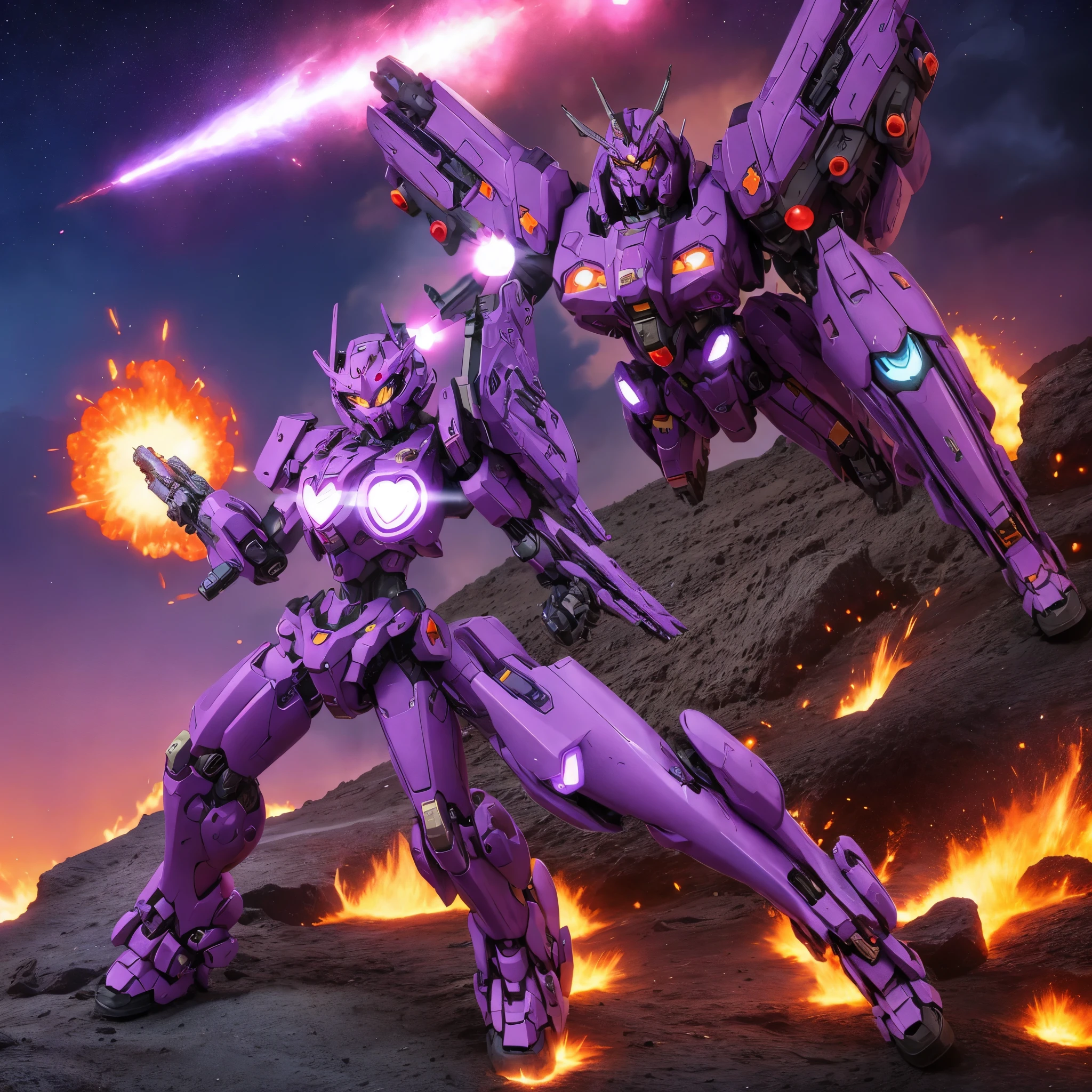 A purple battle mech wit heart themed symbols carries a powerful love gun on one arm, action pose on a volcanic asteroid