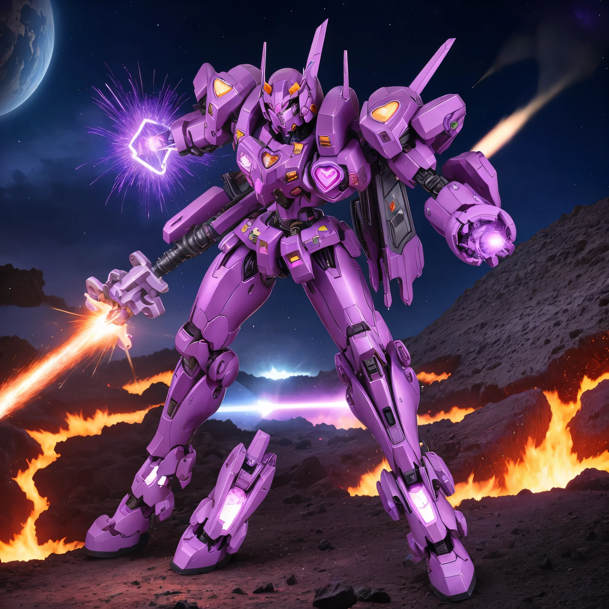 A purple battle mech wit heart themed symbols carries a powerful love gun on one arm, action pose on a volcanic asteroid