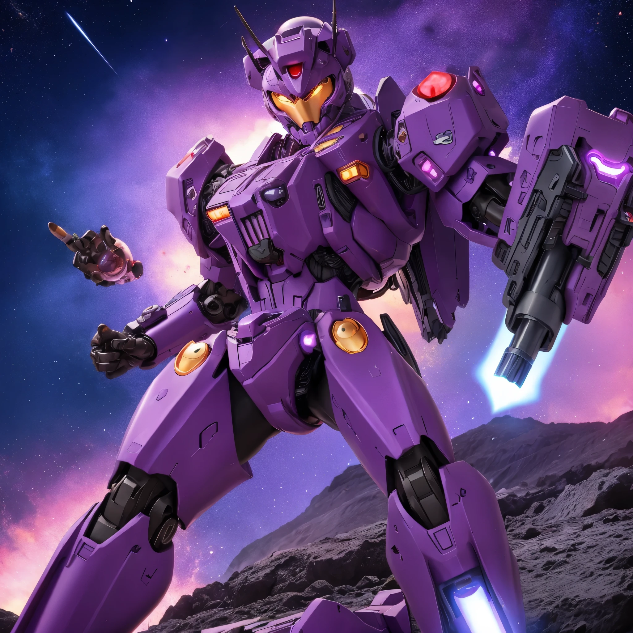 A purple battle mech wit heart themed symbols carries a powerful love gun on one arm, action pose on a volcanic asteroid