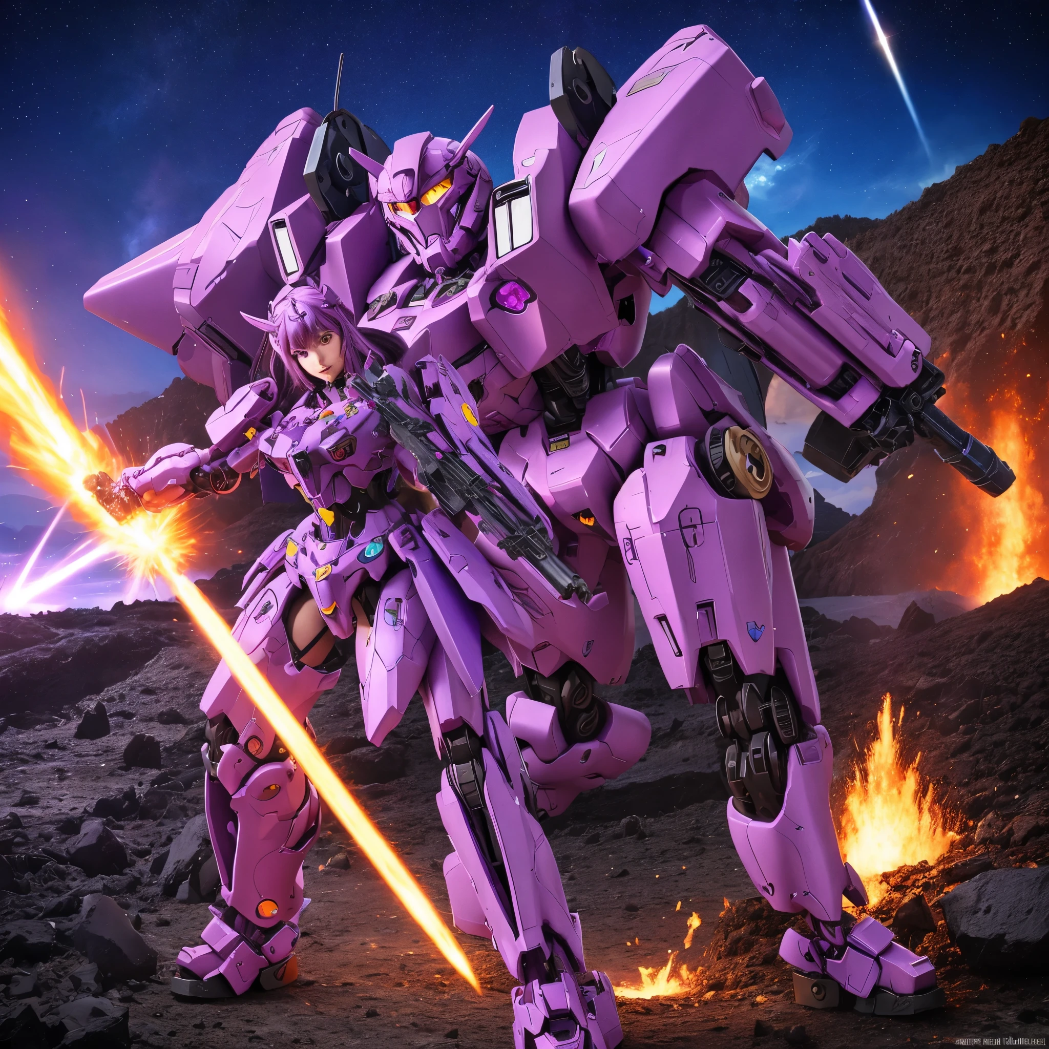 A purple battle mech wit heart themed symbols carries a powerful love gun on one arm, action pose on a volcanic asteroid