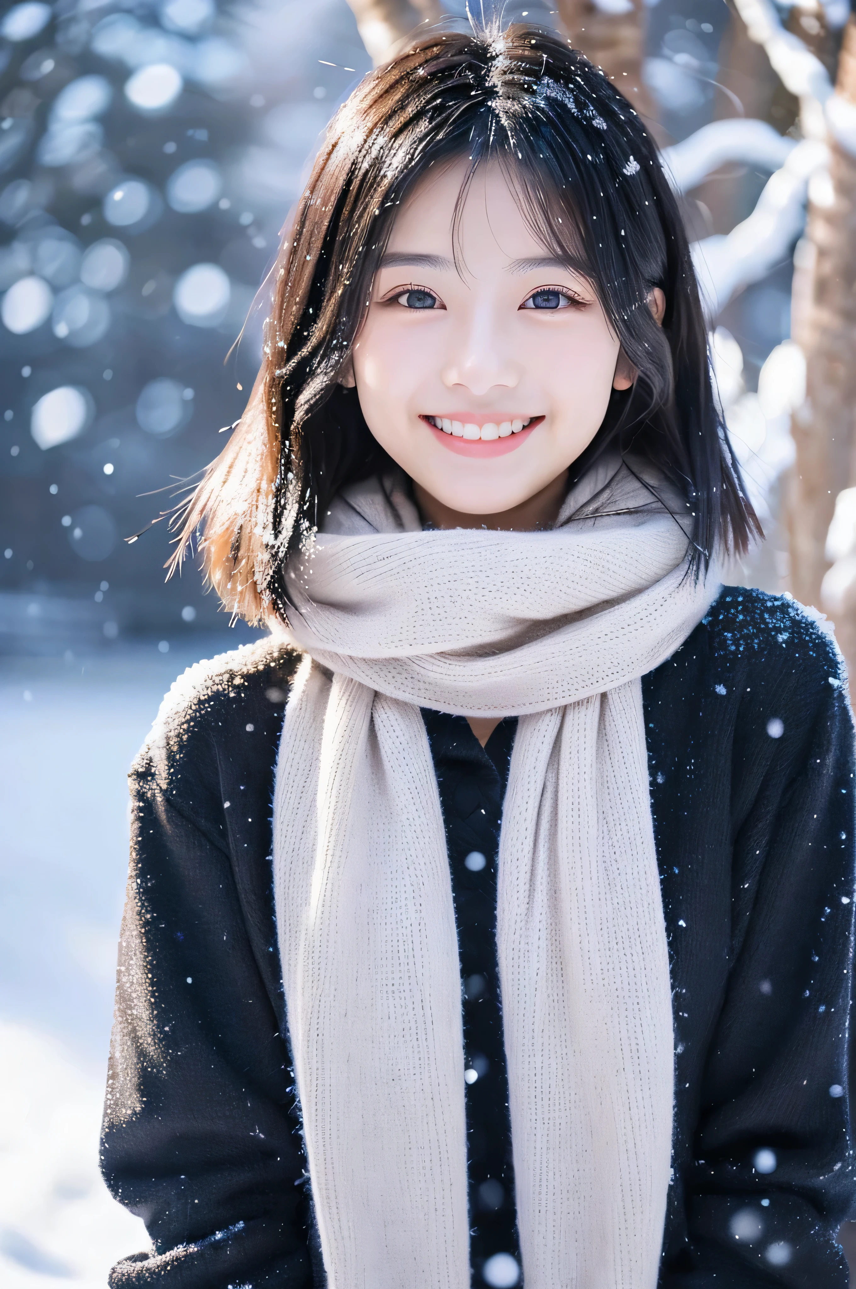 22 years old(young)、black hair bob、natural and light makeup、It seems like winter、smiling face、Japanese-like、natural finish、in snow scene、portrait picture、A cute little bit