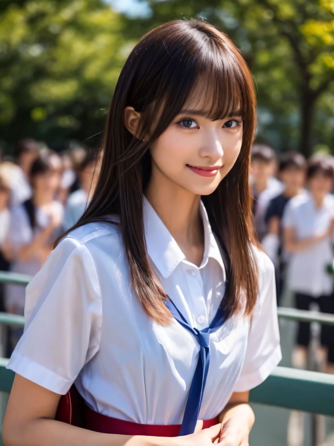 Masterpiece, upper body shot, front view, young pretty woman in Japan, 18 years old, standing smiling in the crowd on the boulevard, with a large tote bag on her shoulder, glamorous figure, wearing a silky shirt with short sleeves white collar and a shiny red satin plain bow tie, wearing a long length dark blue pleated skirt, super cute face, shiny lips, double eyelids for both eyes, natural makeup, long eyelashes, Medium length shiny smooth light brown hair, asymmetrical bangs, tanned skin, in the classroom, headframe, center image, 8K resolution, high resolution, detailed hairstyle, detailed face, spectacular movie lighting, octane rendering, vibrant, ultra-realistic, perfect limbs, perfect anatomy