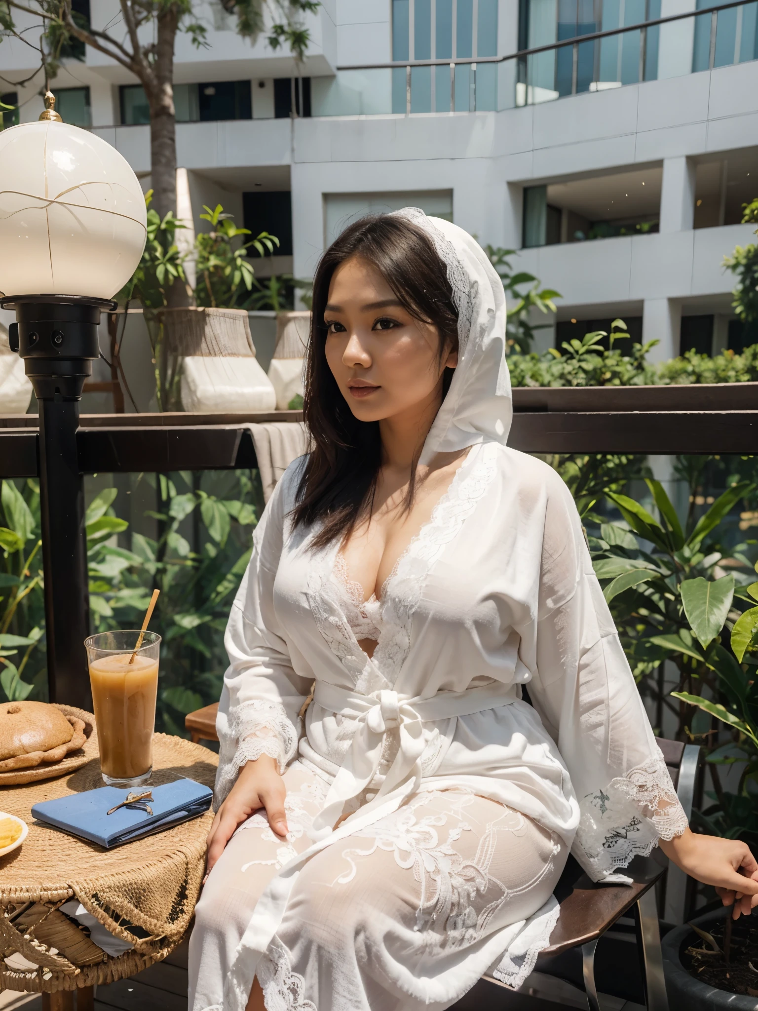 Malaysian woman, (30 years old), plump, white lace robe,