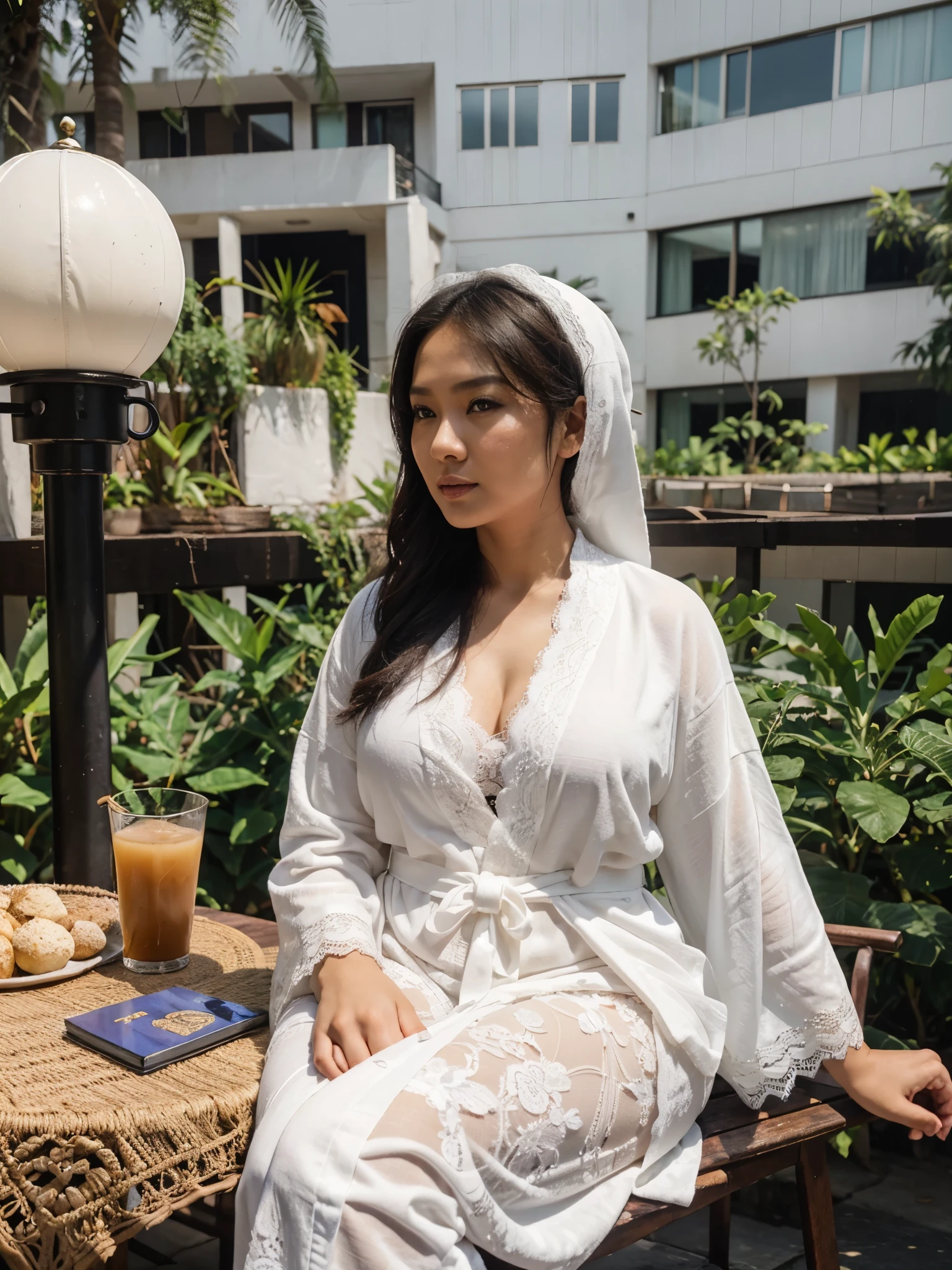 Malaysian woman, (30 years old), plump, white lace robe,