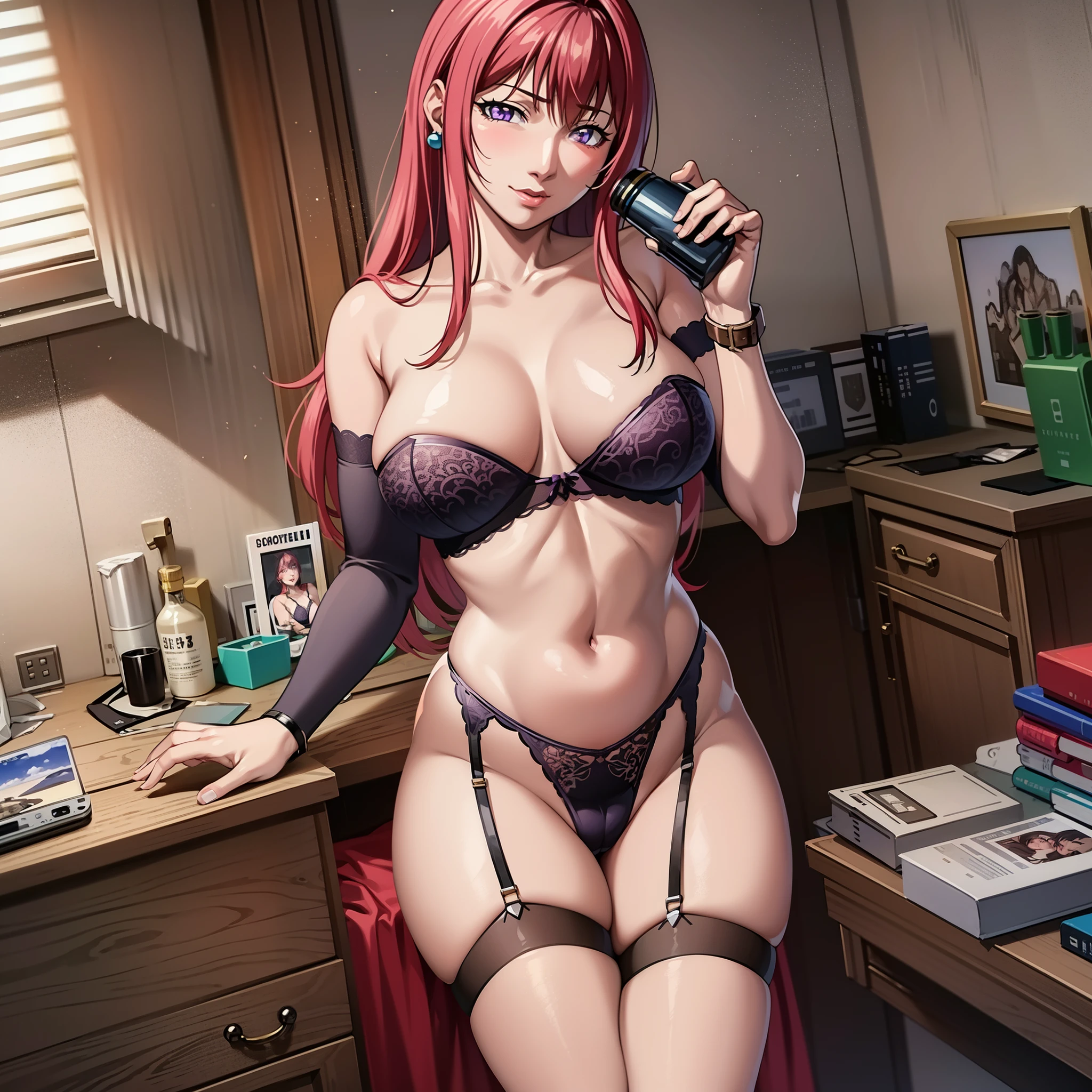 (Top Quality, Super Detail, Anime Images, Game CG, Art CG, Photorealistic, Movie Lighting, Perfect Shadows, Realistic Lighting Shading, Unity8k Wallpaper), Hiroko Takashiro, Red Hair, Nude, Big Breasts, Long Hair, Mature Woman, (Purple Eyes), Perfect Eyes, Perfect Face, Earrings, (Black Thighs, Purple Garter Belt: 1.1), Bible Black Style, Vulgarityblush, nose, watch viewer, sexy pose