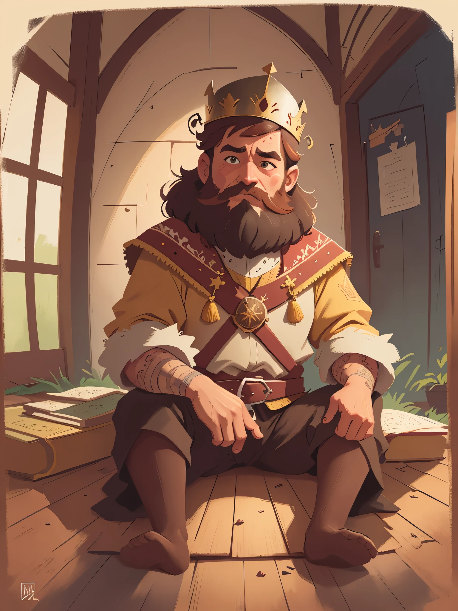 (A king wearing a crown and beard sat in the palace, with short brown hair and young age:1.5),((short hair)),((palace)),High definition, detailed, ultra detailed,Medieval Europe, medieval clothing, watercolor, medieval style,