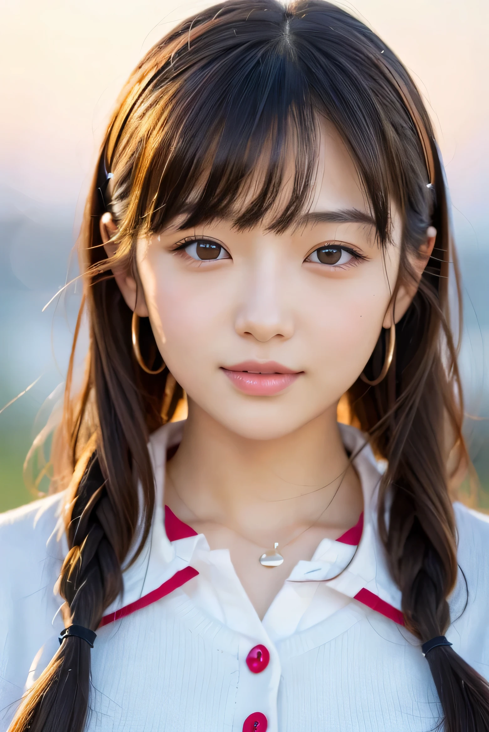 (((masterpiece))), highest quality, Super detailed, very detailed, detailed background, light, very beautiful girl, Japanese, 20 me,  detailed face, alone, smile, (whole body:1.3), (random hairstyle :1.2), bangs, ((plump lips)), (perfect body:1.1), ((school uniform)), Sunrise glow, summer, In 8K, wallpaper, wonderful, finely, Super detailed, ultra high resolution, very detailed, Pure erotic face, very detailed目と顔, beautiful and detailed eyes, very detailed肌, no makeup, (natural skin),