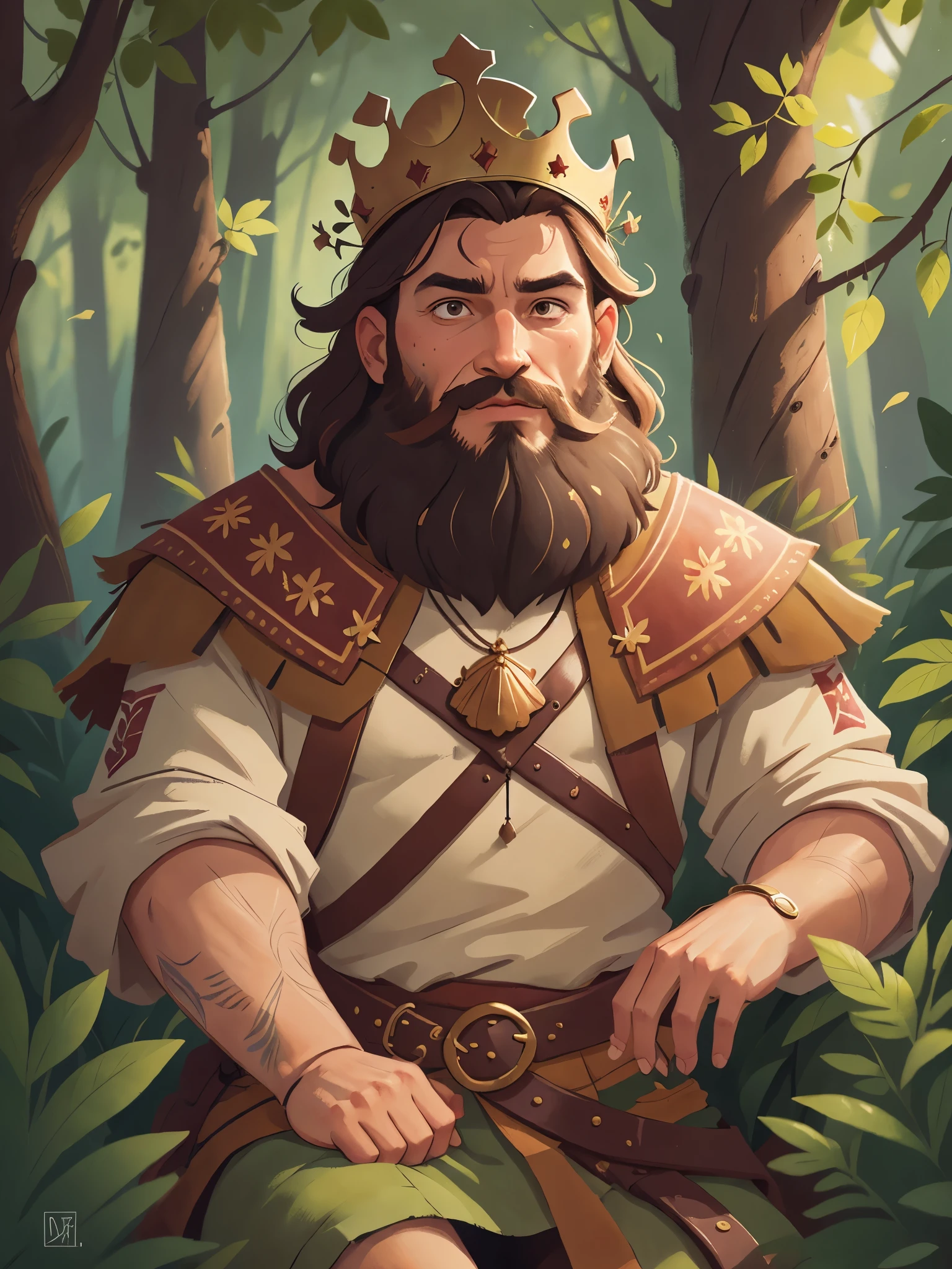 (A king wearing a crown and beard sat in the palace, with short brown hair and young age:1.5),((short hair)),((palace)),High definition, detailed, ultra detailed,Medieval Europe, medieval clothing, watercolor, medieval style,