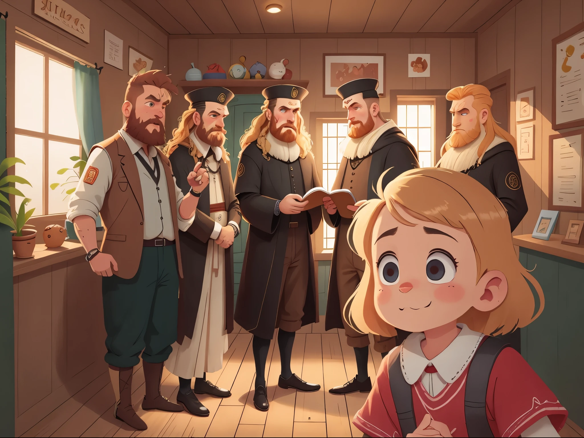 [[[Ultra-detailed, best quality, beautiful, 4K, detailed faces, medieval story]]], Serious, blond bearded middle-aged man talking to several tall men in black robes, smiling faces Anxiety, with a wooden house in the background, a blond middle-aged man with a serious expression, a little blond girl looking worried and anxious, colorful children's book illustration