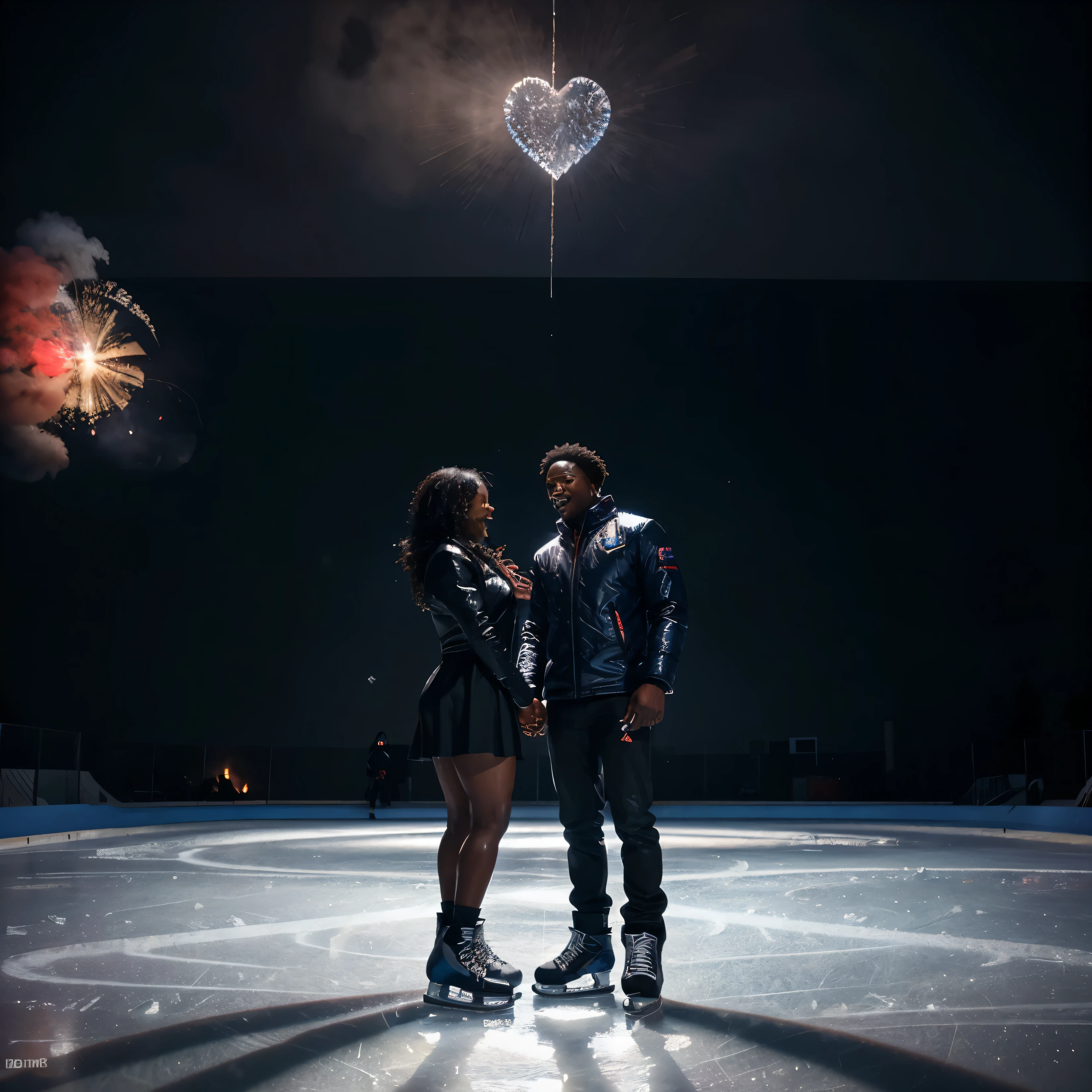 full body shot of a Black couple of a black man and black woman ice skating on ice, holding hands and laughing, skating past the ice covered heart shapes in the scene, red and blue smoke flares in the sky, cinematic scene, artgerm style, 32k, ultra HD, unreal engine rendered,