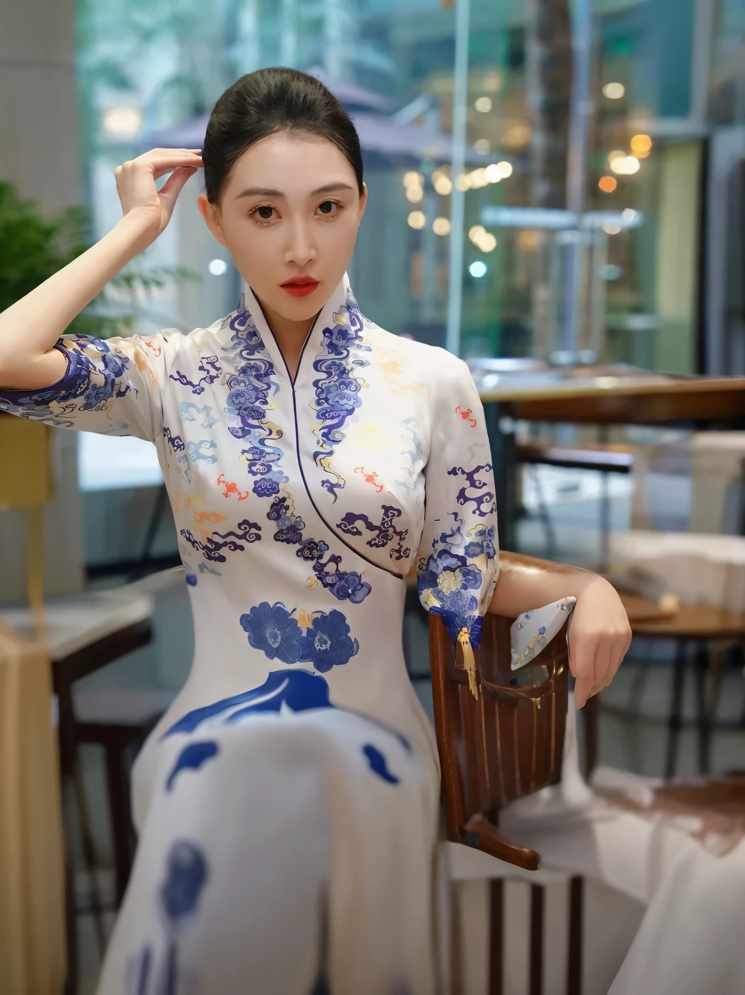 Araf woman in white and blue dress sitting on chair, 穿着蓝色cheongsam, cheongsam, Chinese traditional clothing, Wearing gorgeous silk clothes, in a blue qipao, Paired with ancient Chinese costumes, Wearing ancient Chinese clothes, white hanfu, cheongsam, Chinese style, Inspired by Gu An, Inspired by Zhang Yin