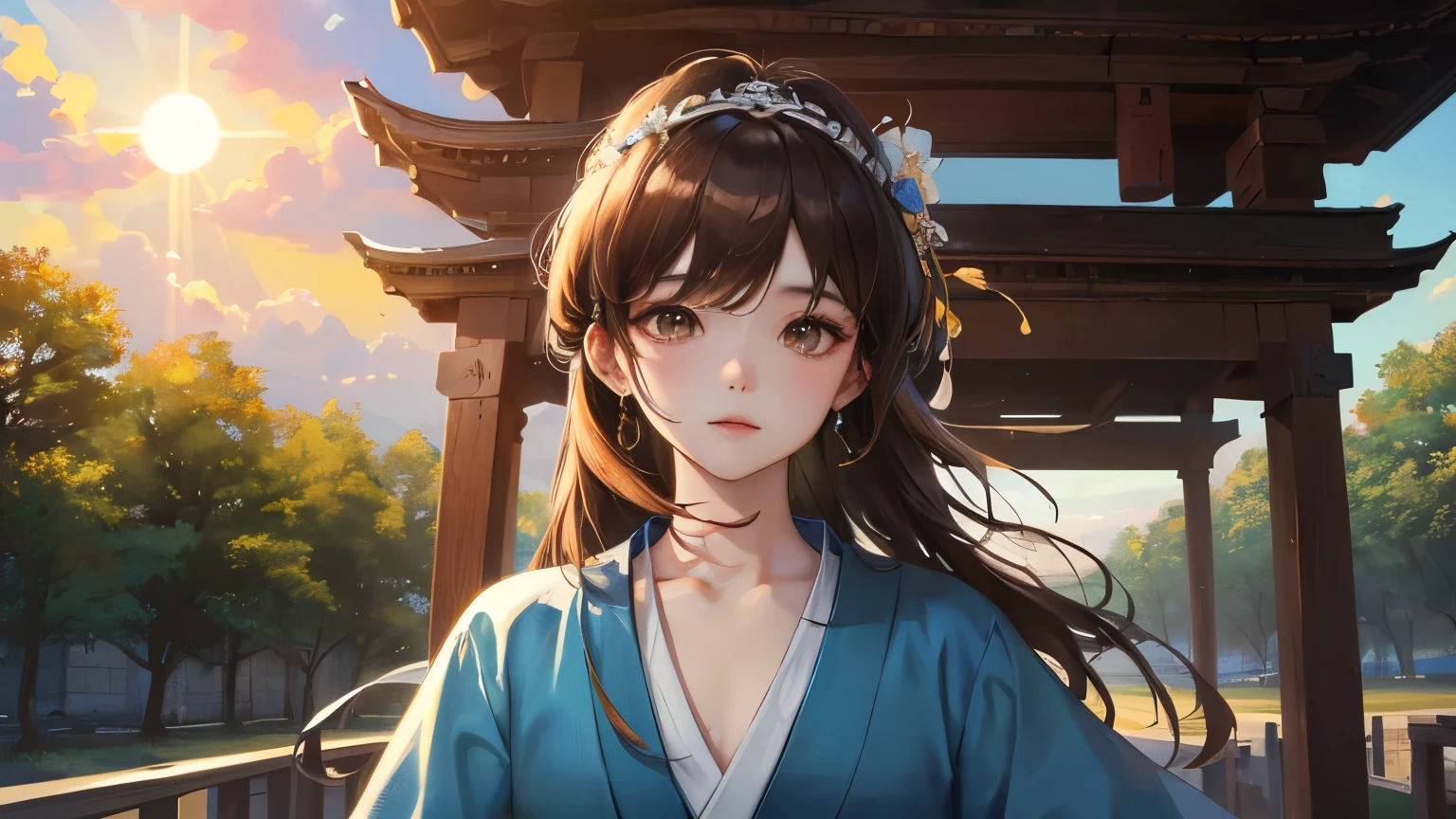best picture quality,masterpiece,ultra high resolution,（photorealism：1.4）,original photo,8k,4k,Photon maps,Radiosity,Auto white balance,light,deep shadow,detail,
(1 20 year old girl,Blackhead, long hair,Brown eyes,：1.3），In the square, （blue hanfu）,（lol）,（stand）,hair accessories,medium chest,Delicate skin,White skin,
Tang dynasty architecture,Takayama,sea of clouds,The sun shines,[flower:0.9],
Real Shadow,逼真的detail刻画,高detail增强渲染,octane rendering,photography