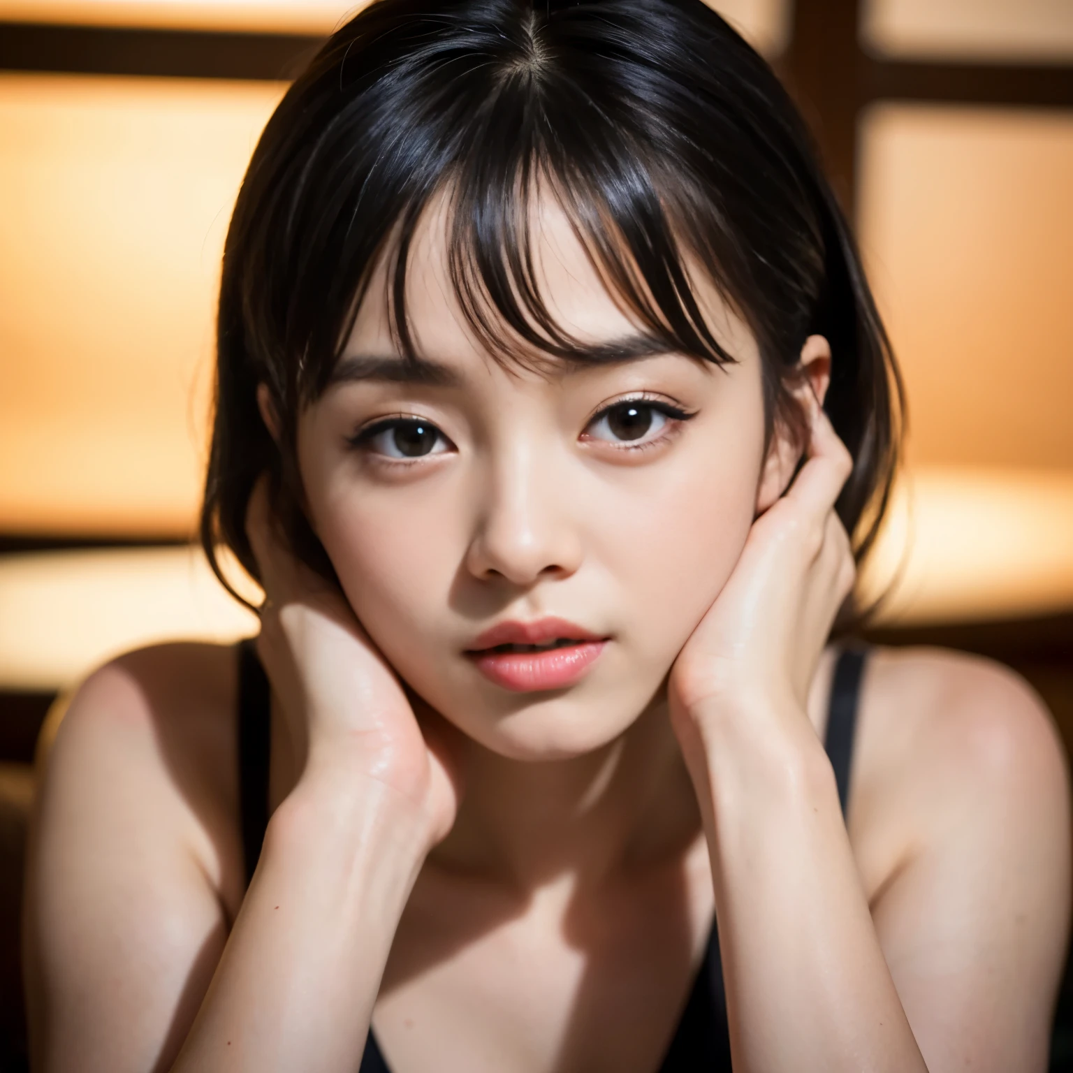 Best-quality, Masterpiece, Ultra-High-Resolution, (Photorealistic:1.4), Raw-Photo, 1girl, 12-years-old, the most famous Japanese idol, having a lot of fun at home-party, (extremely cute face like a most popular Japanese idol, ((extremely beautiful big-black-eyes)), extremely beautiful black-short-cut-haired), extremely beautiful long-eyelashes, extremely beautiful lips, extremely beautiful skins