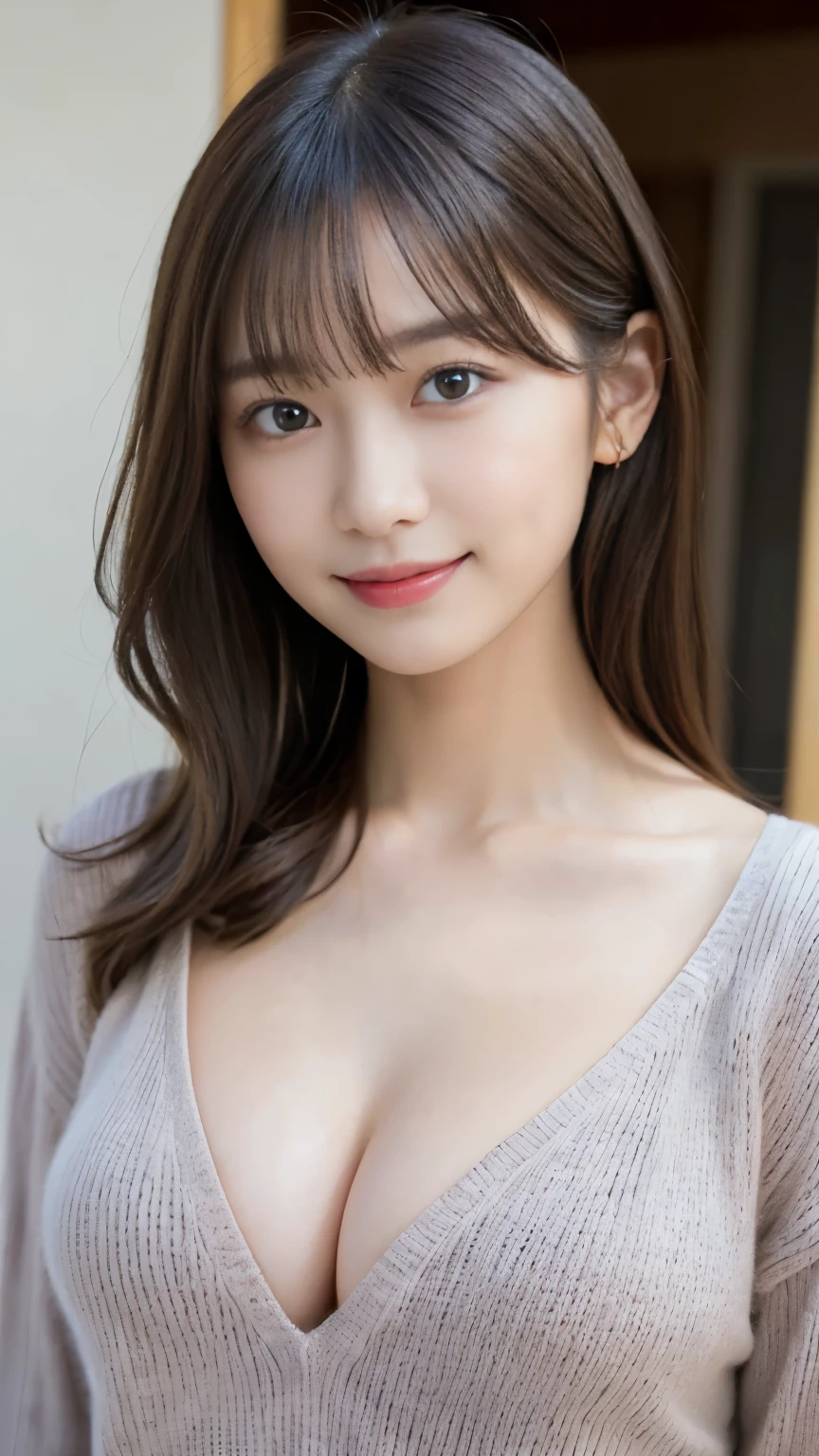 (masterpiece:1.3), (8K, Photoreal, Raw photo, best image quality: 1.4), japanese girl、、(random hairstyle:1.2)、(cleavage:1.2)、super detail face、eye for details、double eyelid、chest to chest、sharp focus:1.2、(cute woman:1.4)、light brown hair、bangs、highest quality、Super high resolution、(Photoreal:1.4)、Highly detailed and professionally lit smiles、loose and light knitwear、thin、smile、long hair、upper body portrait
