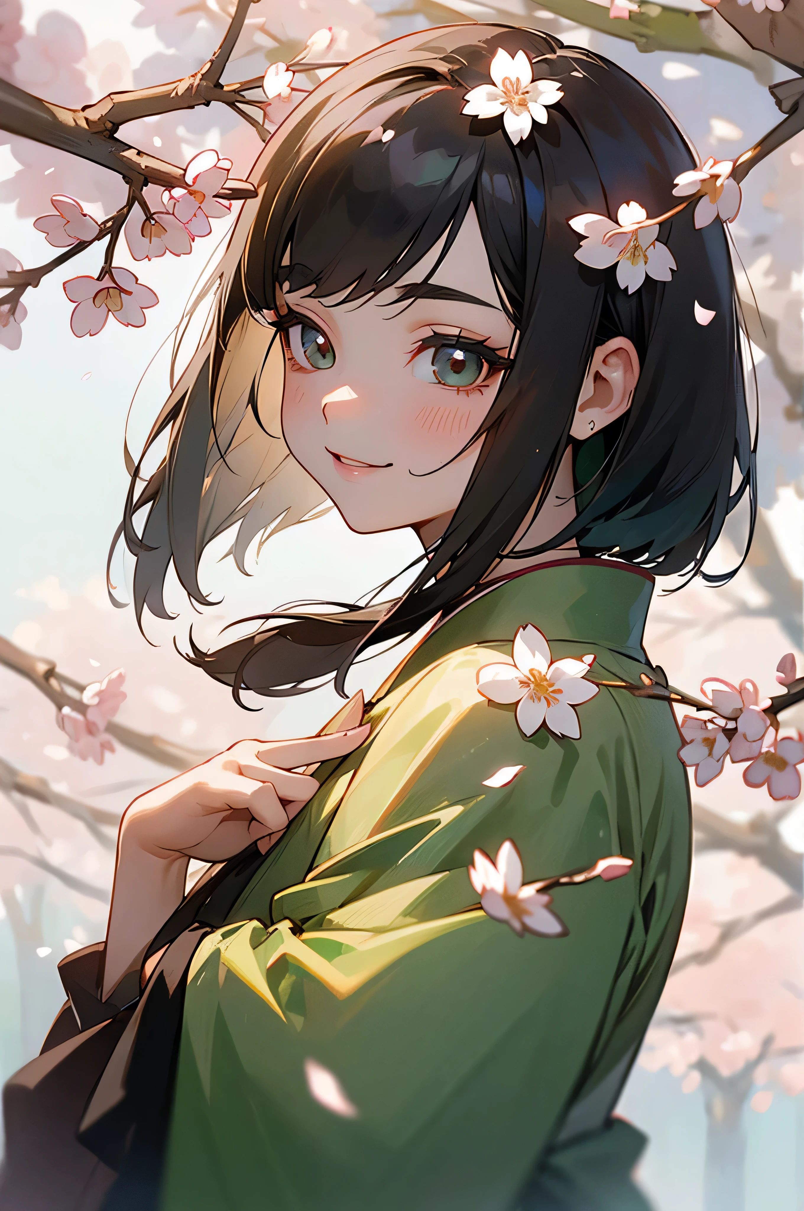 22 years old(youth)、black hair bob、natural and light makeup、Spring-like、smile、Japan personish、natural finish、Fresh green、At a famous cherry blossom spot、portrait photography、Little cute