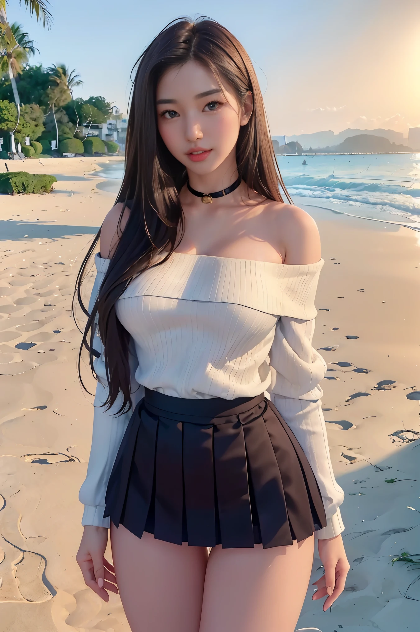 masterpiece, best quality, realistic, ultra-detailed, detailed,1 girl,(asian,idol,solo,collar,thin waist, small size breases,long hair, brown hair, beautiful thighs)(kimono, pleated skirt, V-shaped off shoulder sweater, Outerwear, Stocking,Shirt.) at the beach club,(PureErosFace_V1:0.7)
