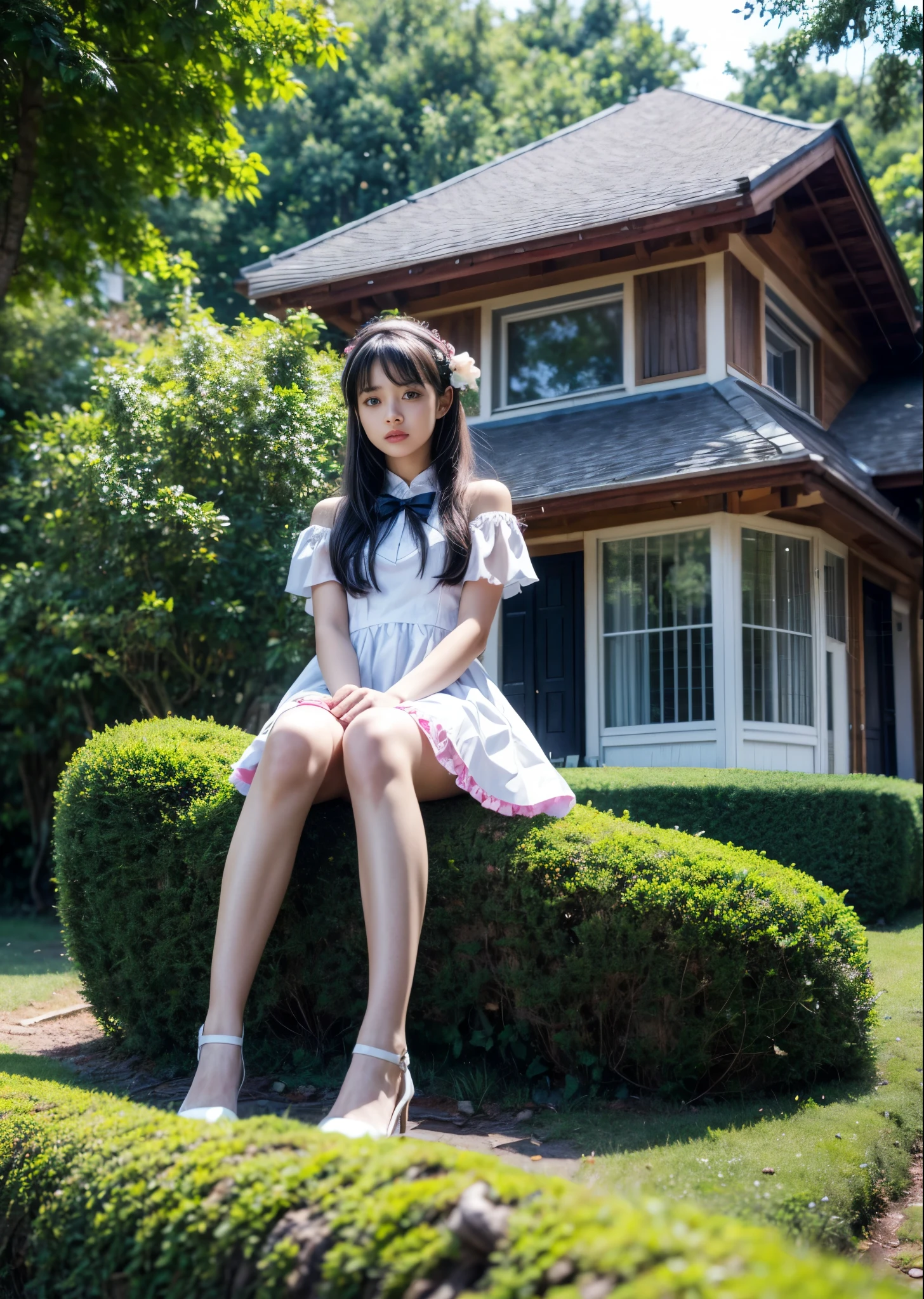 Create a photo of an 8--old l, with blonde hair, wearing a white miniskirt and black blouse, sitting in a forest, with her legs open, seen from the front, with her legs open, showing panties, at night.