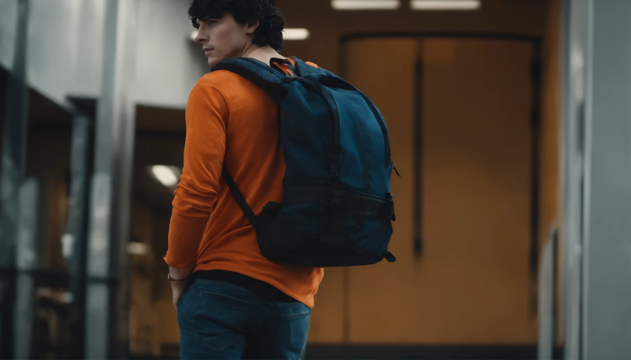 The male character has black hair, bangs, an orange t-shirt, jeans, white sneakers, , white skin, blue eyes, carrying a black backpack.