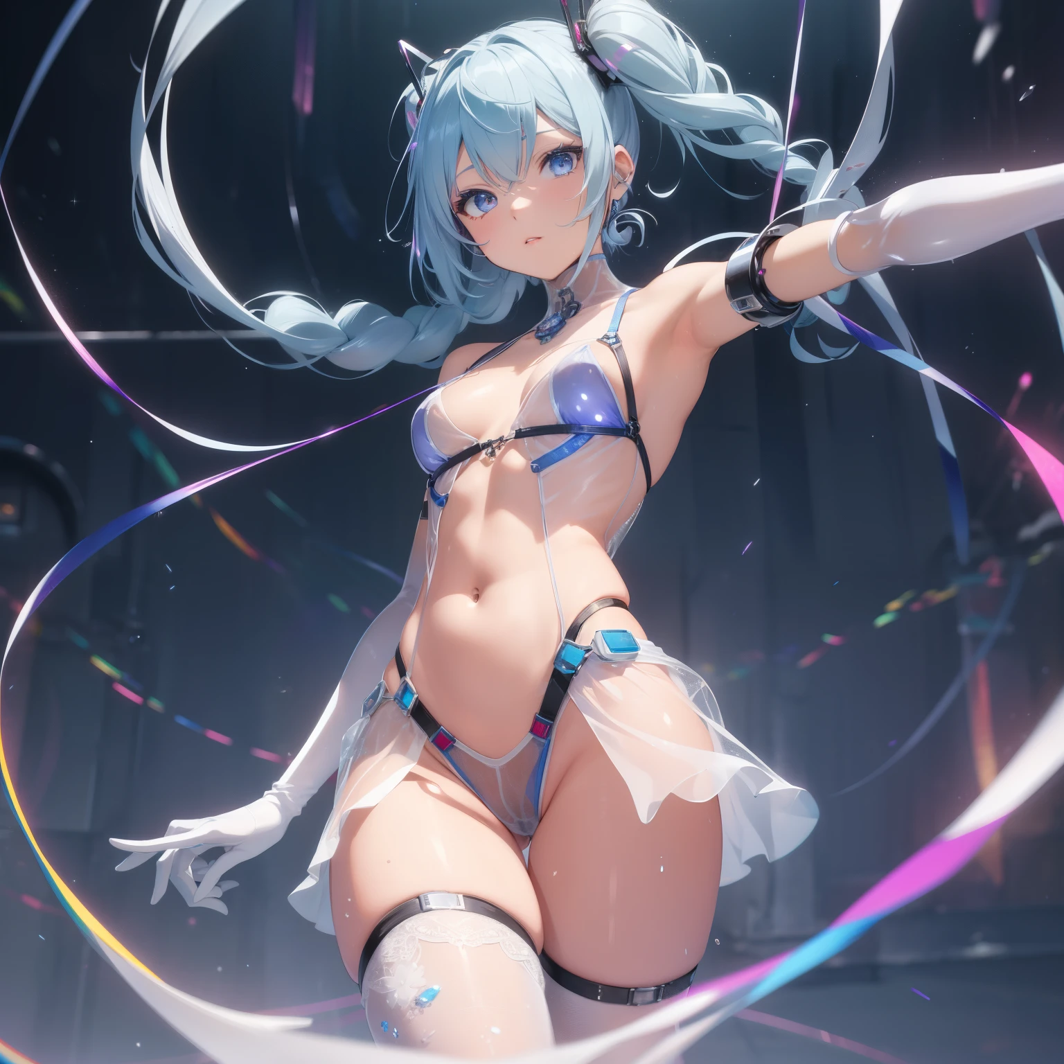 (quality)), ((masterpiece)), Recommended results、Puffy nipples、(see through:1.5)、straighten your back、abdominal muscles、huge bust、angle to floor:1.2、low camera angle、Hair loss on crotch,Hatsune Miku,super detailed)), (Very detailed的CG插画), ((extremely delicate and beautiful)),(1 white transparent mechanical girl)),alone,whole body,(Machine made joints:1.2),((mechanical limbs)),(Flashing blood vessel points connected to tubes),(Mechanical vertebrae attached to the back,with flowing glitter.),((Flowing rainbow fixed around neck)),perfect round face,(wires and cables attaching to neck:1.2),(Rainbow wires and cables on the head:1.2)(Character focus),,Very detailed,colorful,most detailed,white ceramic skin,blue short hair