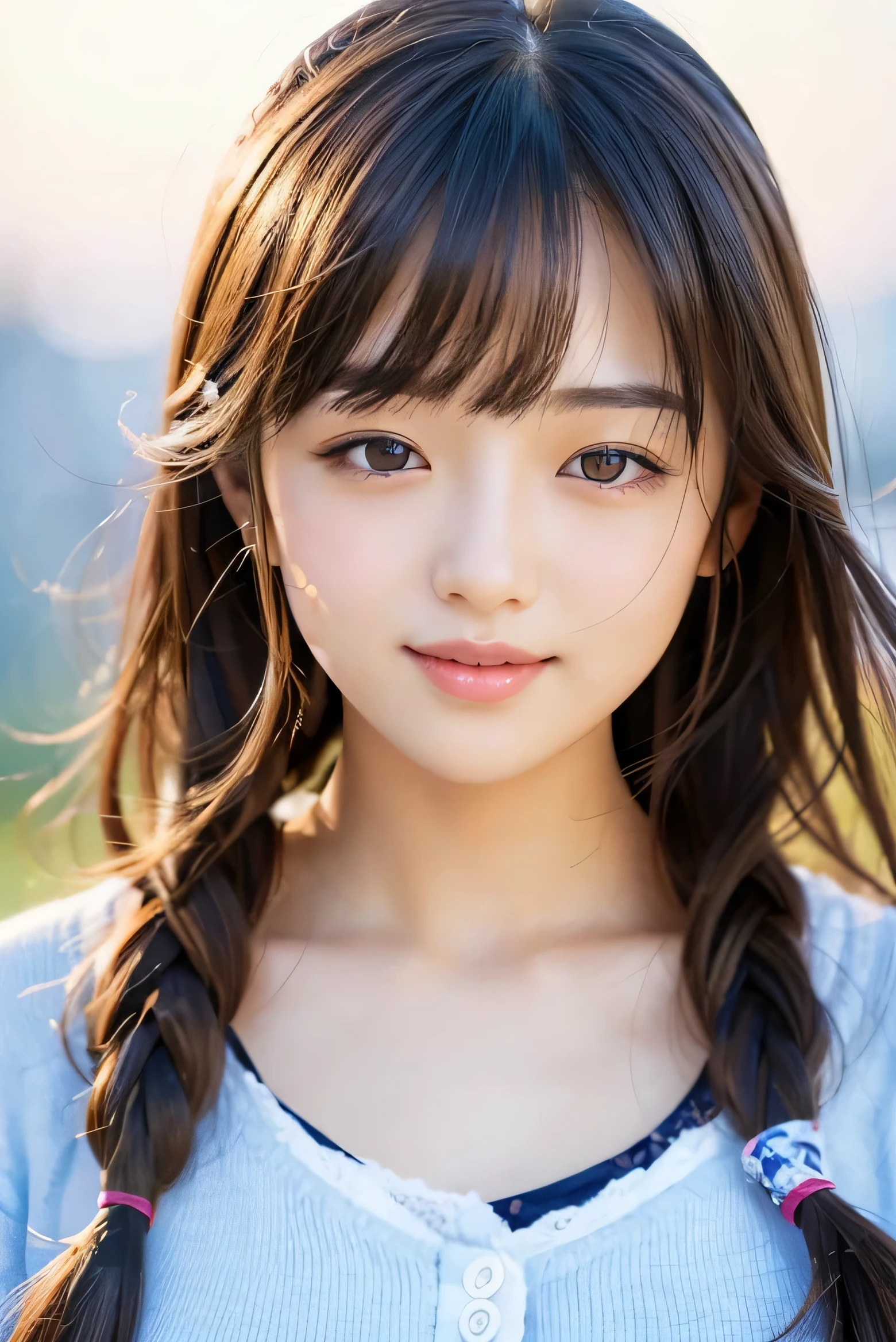 (((masterpiece))), highest quality, Super detailed, very detailed, detailed background, light, very beautiful girl, Japanese, 20 me,  detailed face, alone, smile, (whole body:1.3), (random hairstyle :1.2), bangs, ((plump lips)), (perfect body:1.1), ((school uniform)), Sunrise glow, summer, In 8K, wallpaper, wonderful, finely, Super detailed, ultra high resolution, very detailed, Pure erotic face, very detailed目と顔, beautiful and detailed eyes, very detailed肌, no makeup, (natural skin),