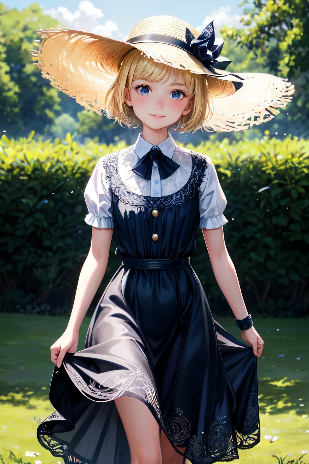 10-year-old blonde girl with short hair, dressed in a formal attire, frolics joyfully in a vast sunlit field under natural lighting, captured in an ultra 4K, hyperrealistic image with full HD quality. The intricately detailed portrait showcases her playful expression, accentuated by a seductive smile, and a summer hat shading her bright eyes. The scene is masterfully framed utilizing a 1.4 depth of field in film photography, adding to the allure of this captivating young girl.