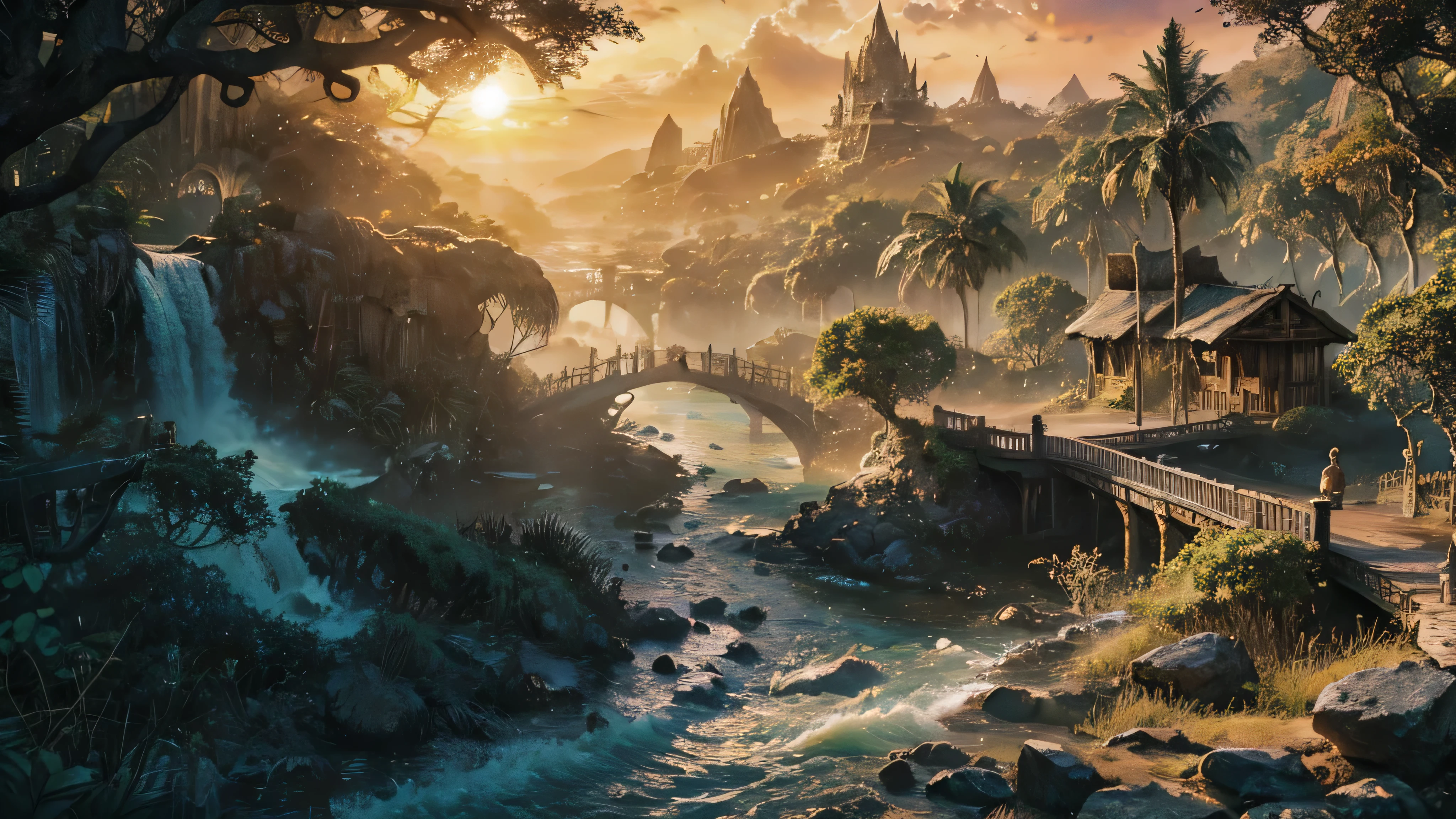 paisagem selvagem, cabanas de pesca, casas de madeira, Palmeiras, belas cachoeiras, wonderful river with choppy waters, grandes pedras no rio, giant trees, com troncos largos e enormes, sky with dense clouds, sol, Lua, Montanhas enormes, campo de profundidade, global illumination, hiper-realista, Efeito vidro quebrado, sem fundo, splendid, algo que nem existe, Being mythical, energia, molecular, Texturas, iridescente e luminescente, breathtaking beauty, pure perfection, Divine Presence, unforgettable, Impressionante, breathtaking beauty, volumetric light, auras, raios, cores vivas refletemlight, auras, raios, cores vivas refletem, aquarela, oil color, trends on artstation, sharp focus, studio photo, detalhes intrincados, altamente detalhado,, misterioso