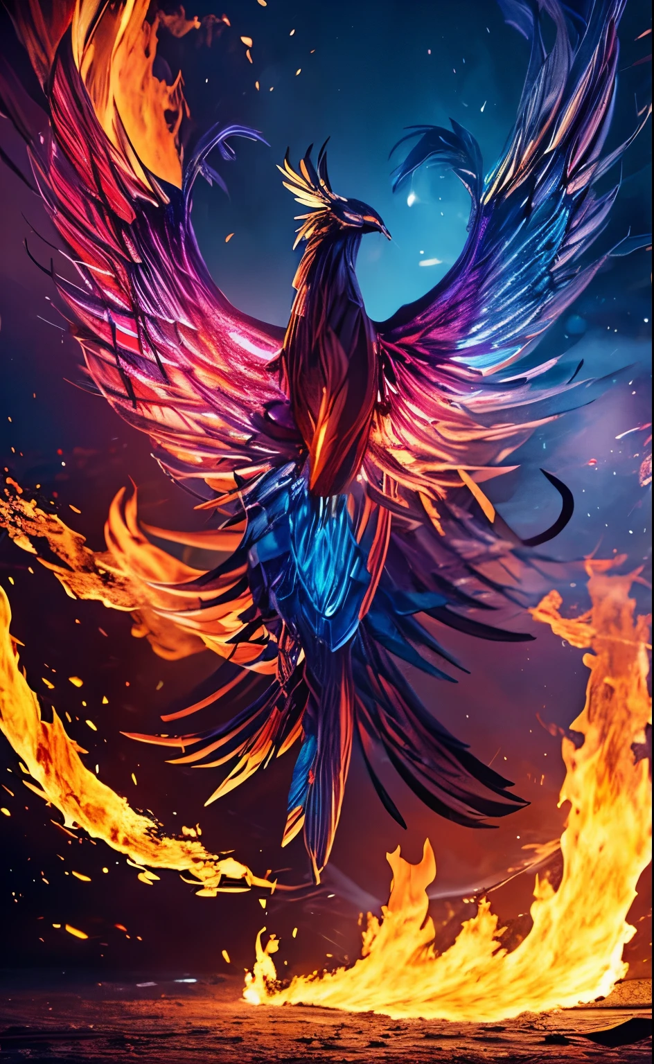 The phoenix is reborn from the ashes,Fire red head and wings,blue purple legs