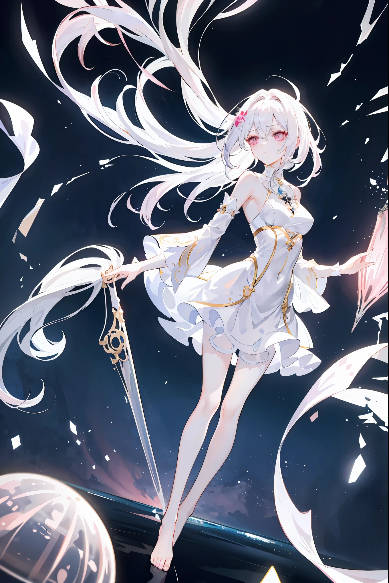 white hair,asymmetrical hair,（（Hair is very thick 1.8，Well-defined head 1.6）），pink eyes，pink eyes，pink eyes， hair past shoulders, messy hair, very long hair, shiny hair，(长长的white hair:1.2),a beautiful girl，（Luxurious Platinum Mini Lolita，Made of transparent material），（Transparent clothes transparent 1.8），Perfect body，high and high，slim，(looks sad，Looking haggard、Looking haggard、pale nipples ，sad，close your mouth：1.2） Against the backdrop of an unusually bright dark starry sky，stand up（Put your hands behind your back），（round,  big deal, firm breast），barefoot，float，water surface，（long legs，long legs，long legs，Gestalt），full-body shot