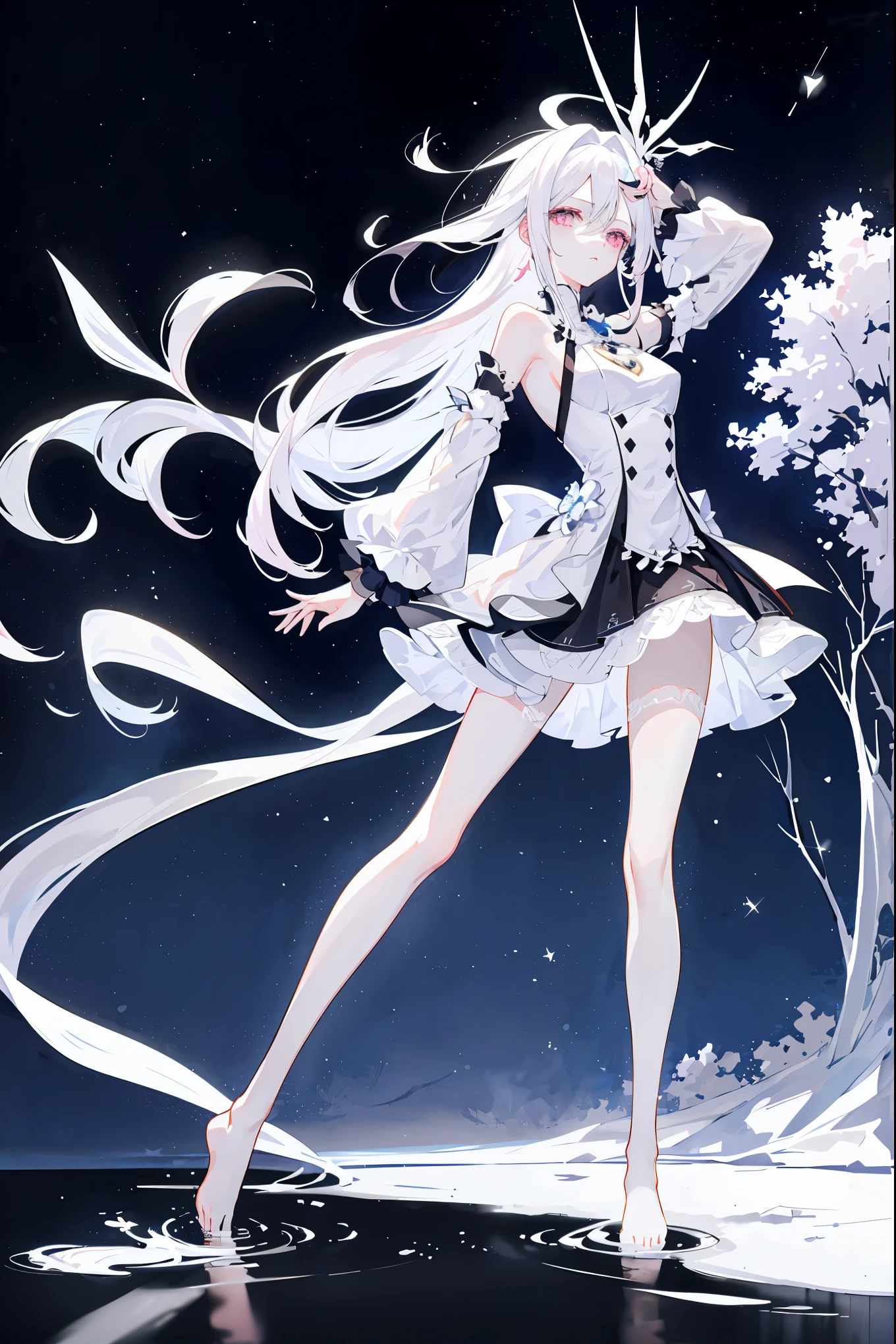 white hair,asymmetrical hair,（（Hair is very thick 1.8，Well-defined head 1.6）），pink eyes，pink eyes，pink eyes， hair past shoulders, messy hair, very long hair, shiny hair，(长长的white hair:1.2),a beautiful girl，（Luxurious Platinum Mini Lolita，Made of transparent material），（Transparent clothes transparent 1.8），Perfect body，high and high，slim，(looks sad，Looking haggard、Looking haggard、pale nipples ，sad，close your mouth：1.2） Against the backdrop of an unusually bright dark starry sky，stand up（Put your hands behind your back），（round,  big deal, firm breast），barefoot，float，water surface，（long legs，long legs，long legs，Gestalt），full-body shot