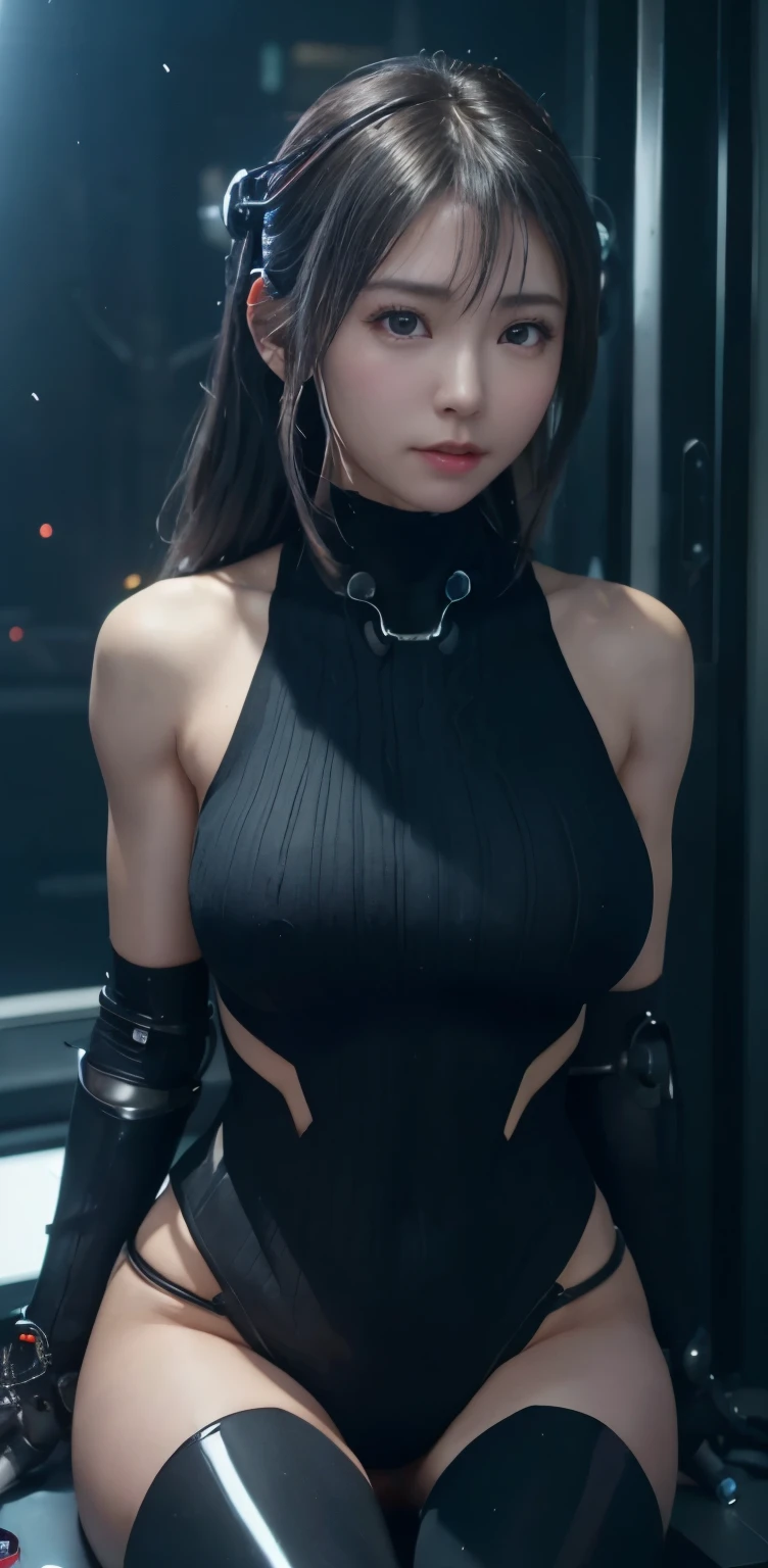 masterpiece、((black sweater))、 ((plug suit)), ((beautiful girl:1.2))、no arms、no clavicle、bare shoulders、mechanized body、Mechanized chest and abdomen、mechanized occiput、Mecha leg rack metallic suit that fits perfectly to the body、 Are standing、tied up、金属robot、((cyberpunk background))、(neon light)、(Futuristic machine factory background)、Cyberdyne、artificial body、All metal body、ironwork、abdominal mechanism、((robotアームとハンド))、((robotの足))、((machine neck))、Inside the spaceship、beautiful girl、、asian beauty, (Actuator and cable exposed from abdomen.、金属製robotの首から胴体までつながっている、Complex 3d rendering beautiful porcelain profile super get used to itd female android face、cyborg、robot部品、150mm、Soft light in a beautiful studio、rim light、vivid details、gorgeous cyberpunk、Ren Hao、超realistic、anatomical、facial muscles、cable wire microchip、elegant、beautiful background、octane rendering、HR giger style、8K、highest quality、masterpiece、enlightenment、very delicate and beautiful、 非常にget used to itなCG、unity、wallpaper、(realistic、Photoreal:1.37)、wonderful、get used to it、masterpiece、highest quality、official art、Highly get used to itd CG unity 8k wallpaper、absurd、incredibly absurd、、robot、silver bead body esbian、sit on top