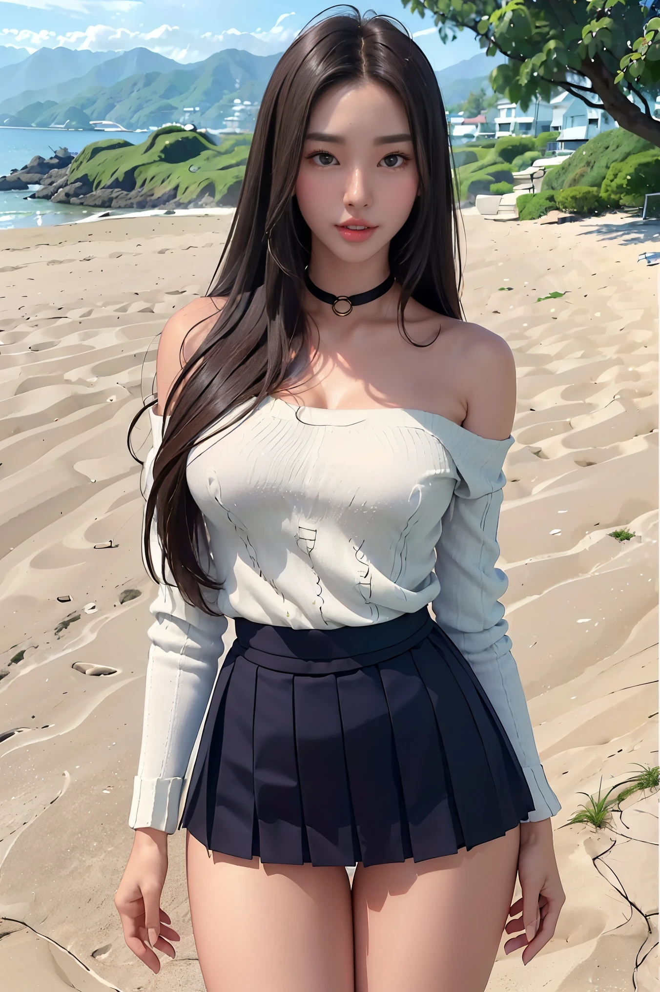 masterpiece, best quality, realistic, ultra-detailed, detailed,1 girl,(asian,idol,solo,collar,thin waist, small size breases,long hair, brown hair, beautiful thighs)(kimono, pleated skirt, V-shaped off shoulder sweater, Outerwear, Stocking,Shirt.) at the beach club,(PureErosFace_V1:0.7)