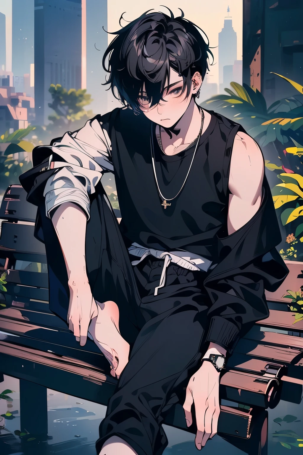 (best quality,4k,8k,highres,masterpiece:1.2),ultra-detailed,(realistic,photorealistic,photo-realistic:1.37),male figure,beautiful,sexy,barefoot,slightly defined body,sitting on an open-legged bench,trendy outfit,black jogger pants,stylish hair short
