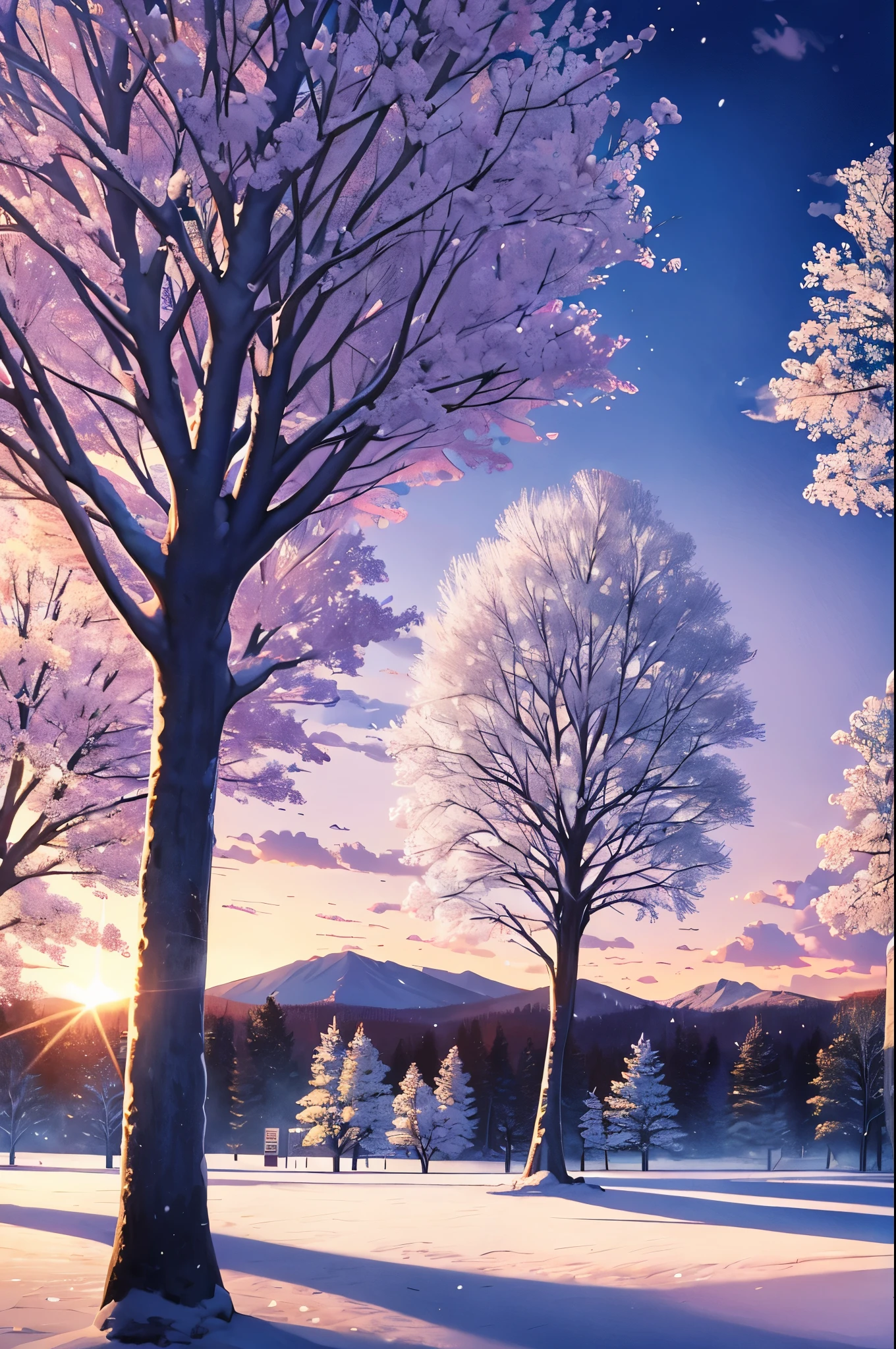 Beautiful natural landscape of city park in winter with fluffy deciduous trees covered with hoarfrost and snow caps at sunset in lilac and pink tones