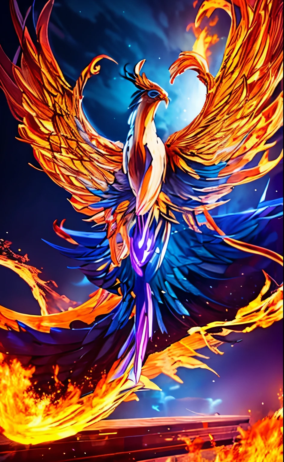 The phoenix is reborn from the ashes,Fire red head and wings,blue purple feet