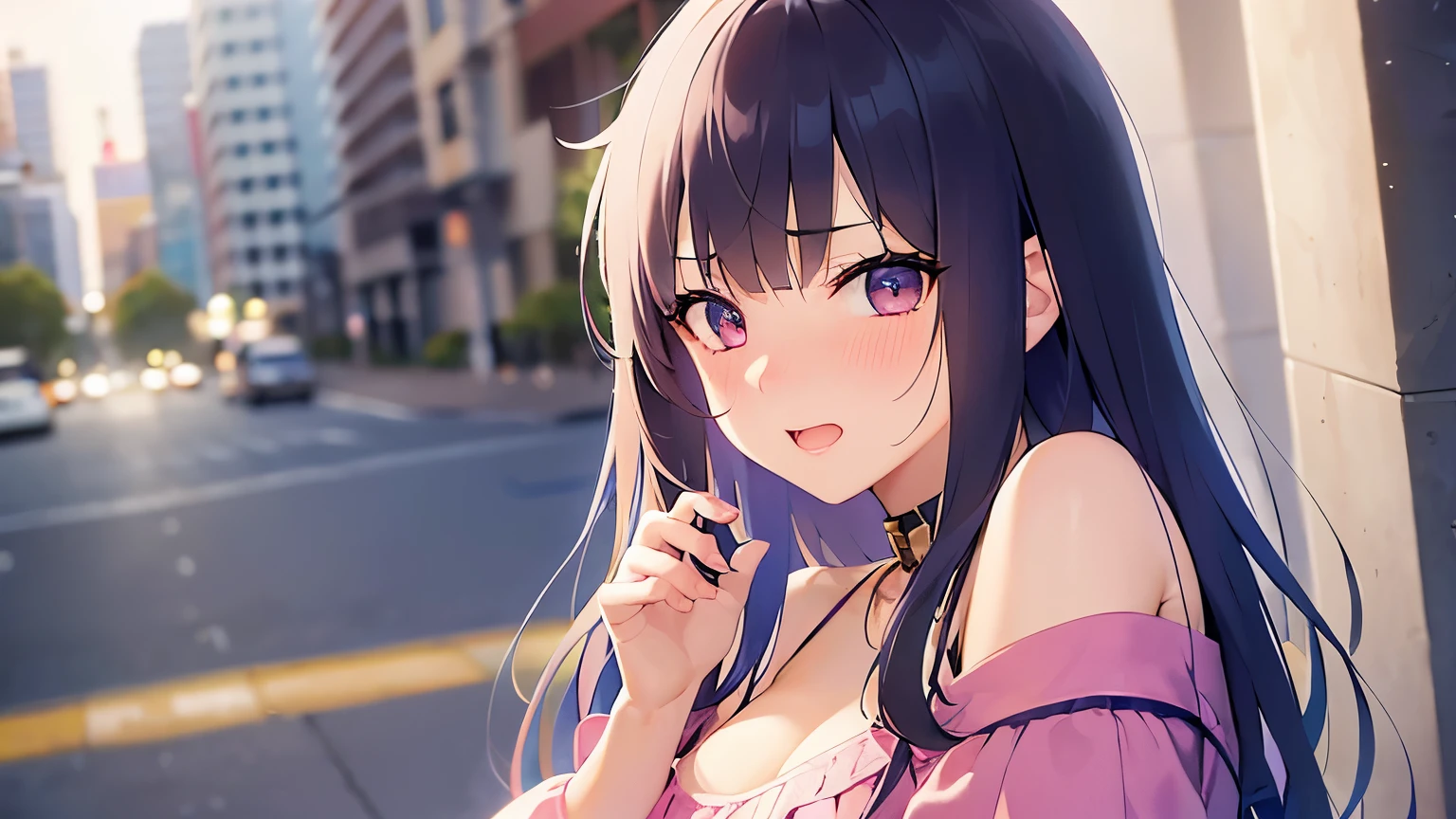 medium shot, (cinematic angle:1.3), Realistic, real person, RAW photo, photorealistic, portrait photography, shiny skin, japanese idol、(A 20-year-old woman with black bangs and purple eyes.) and (blunt bangs) and (straight midium hair), cleavage, (She is wearing a pink off-shoulder blouse.:1.5)、embarrassed, smile, (nose blush:1.5), open mouth, Alone、staring at、Background outside、Are standing