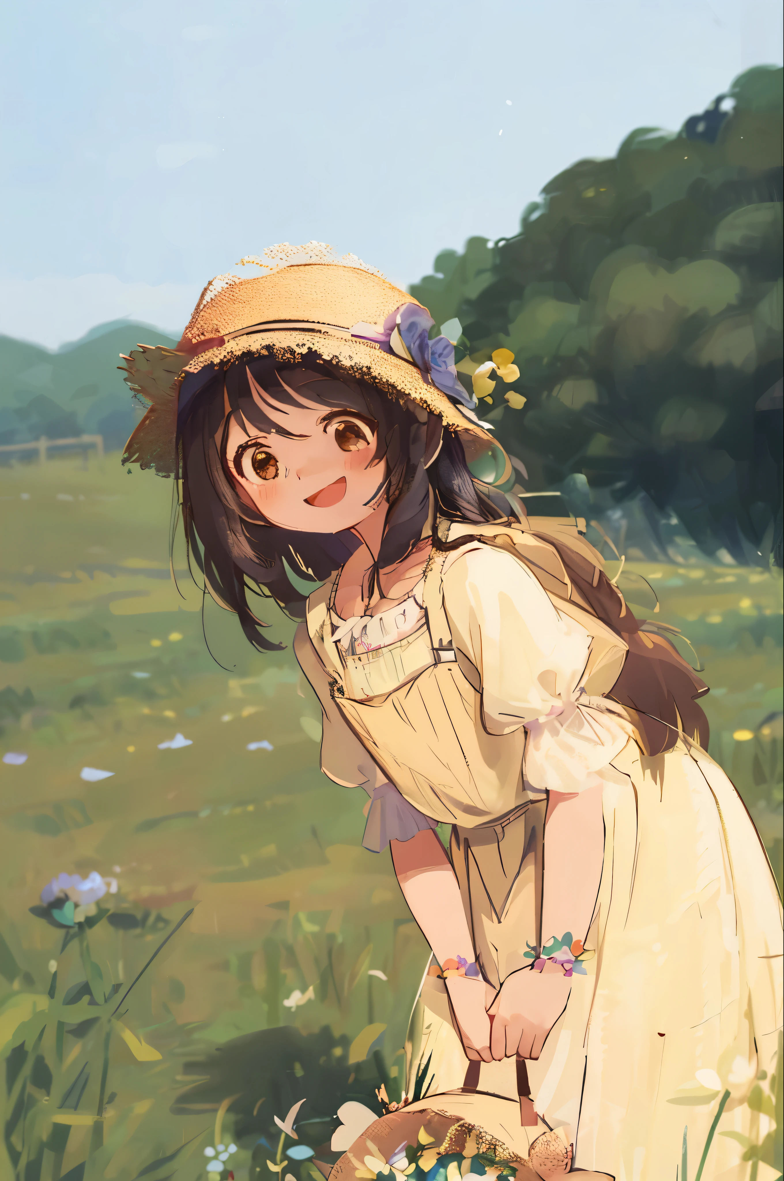 A girl with a flower in her hand,wearing a skirt,wearing a straw hat,happy expression