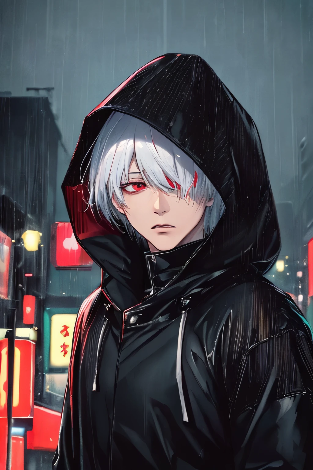 Here is a possible completion of the prompt words:
KK, best quality, more details, masterpiece, 1boy, Kaneki Ken, portrait, male focus, red eyes, solo, bangs covering one eye, introspective look, hood up, black raincoat, white hair, exceptionally luxurious and textured, 8K, highly detailed, ray tracing, depth of field, cinematic lighting, Tokyo Tokyo (city) background with rain-soaked streets and neon lights.
(Masterpiece, Best Quality, Highres:1.4), (Realism:1.2), (Realistic:1.2), (Absurdities:1.2),
