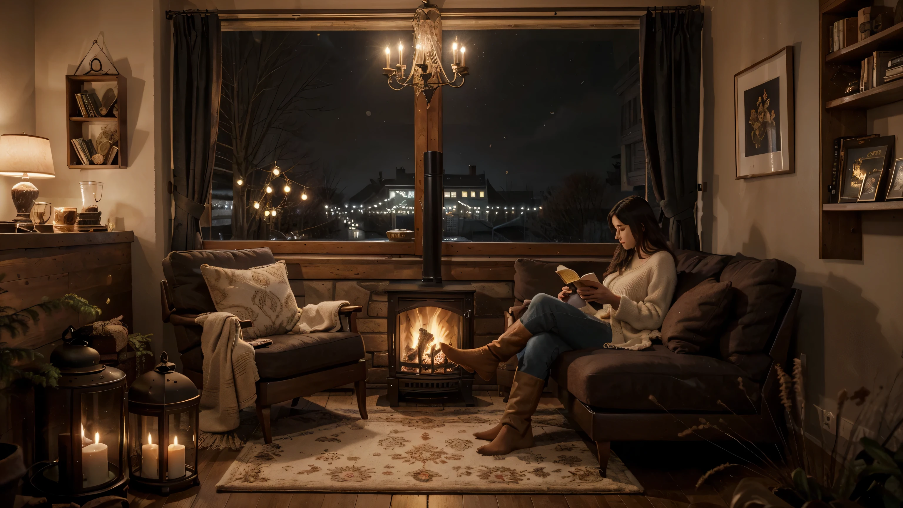 balcony coffee shop with a fireplace and sofa chairs, cozy place, books place, warm beautiful scene, cozy atmospheric, cozy environment, cozy setting, winter setting, cosy enchanted scene, very realistic, cozy atmosphere, cozy and peaceful atmosphere, cozy and calm, beautiful detailed scene, winter time, very very realistic, ✨🕌🌙, cozy wallpaper, unreal engine ; romantic theme