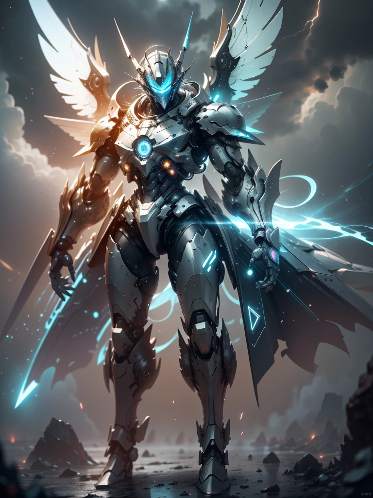 (8K, RAW photo, highest quality, masterpiece:1.2), outer space、(mech warrior), Colorful shining mechanical armor, Streamlined, Simple mechanical armor with excellent functionality, perfect body proportions, tall, dynamic angle, dynamic pose, Super detailed, realistic, shiny, reflective, bioluminescence, Hands radiate spirals of silver orbs and glowing Kundalini energy., violent thunder, super wide view,Dramatic scenes