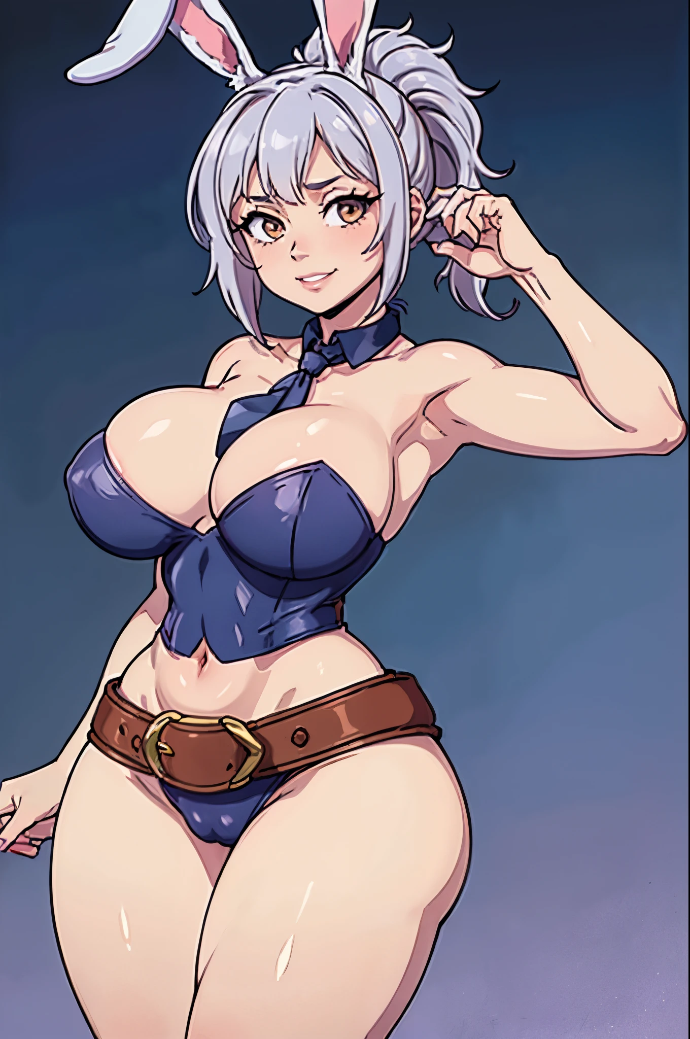 masterpiece, best quality, ultra-detailed, illustration, colorful, flat color, depth of field, 1girl, battle bunny riven, 1girl, brown eyes, strapless leotard, pantyhose, rabbit ears, folded ponytail, silver hair, necktie, wrist cuffs, belt, carrot on belt, anime, (closeup), simple background, short height, detailed skin texture, beautiful detailed face, whtie teeth, seductive grin, looking at viewer, alluring attire, collarbone, (huge breasts, curvy, chubby, belly), shortstack, shortstackBT