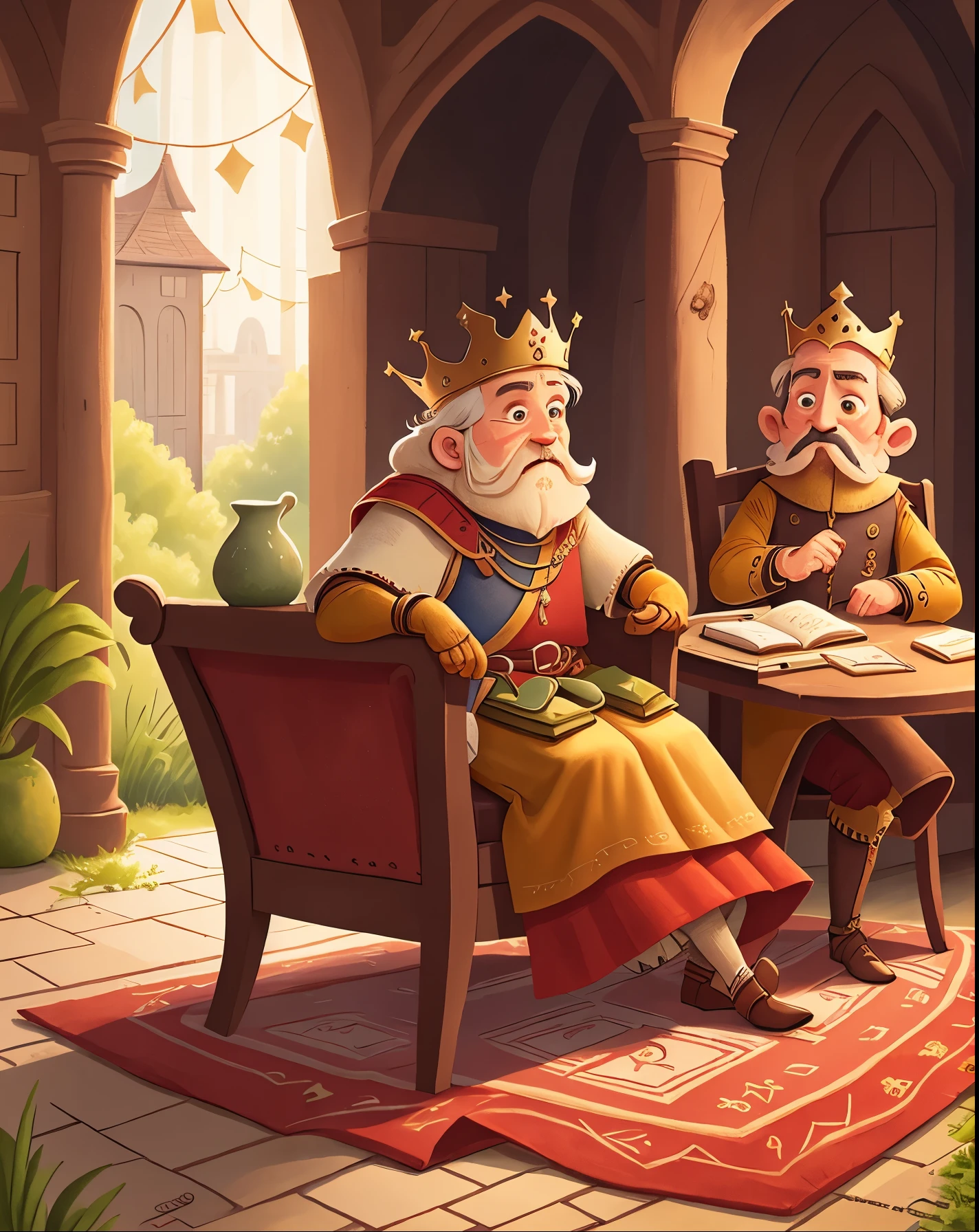 (Two kings are sitting and communicating in the palace, chairs, tables, carpets:1.5),High definition, detailed, ultra detailed,Medieval Europe, medieval clothing, watercolor, medieval style,