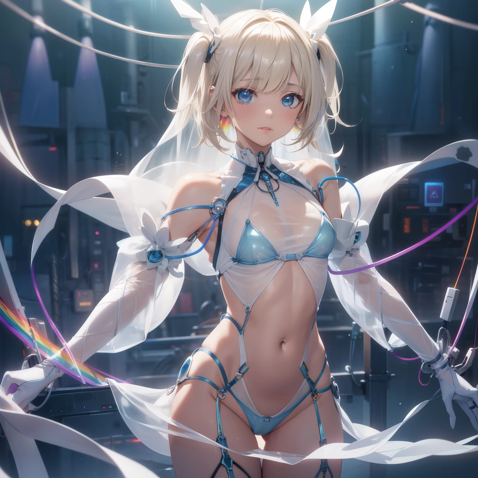 (quality)), ((masterpiece)), Recommended results、Puffy nipples、(see through:1.5)、straighten your back、abdominal muscles、huge bust、angle to floor:1.2、low camera angle、Hair loss on crotch,Hatsune Miku,super detailed)), (Very detailed的CG插画), ((extremely delicate and beautiful)),(1 white transparent mechanical girl)),alone,whole body,(Machine made joints:1.2),((mechanical limbs)),(Flashing blood vessel points connected to tubes),(Mechanical vertebrae attached to the back,with flowing glitter.),((Flowing rainbow fixed around neck)),perfect round face,(wires and cables attaching to neck:1.2),(Rainbow wires and cables on the head:1.2)(Character focus),,Very detailed,colorful,most detailed,white ceramic skin,blonde short hair